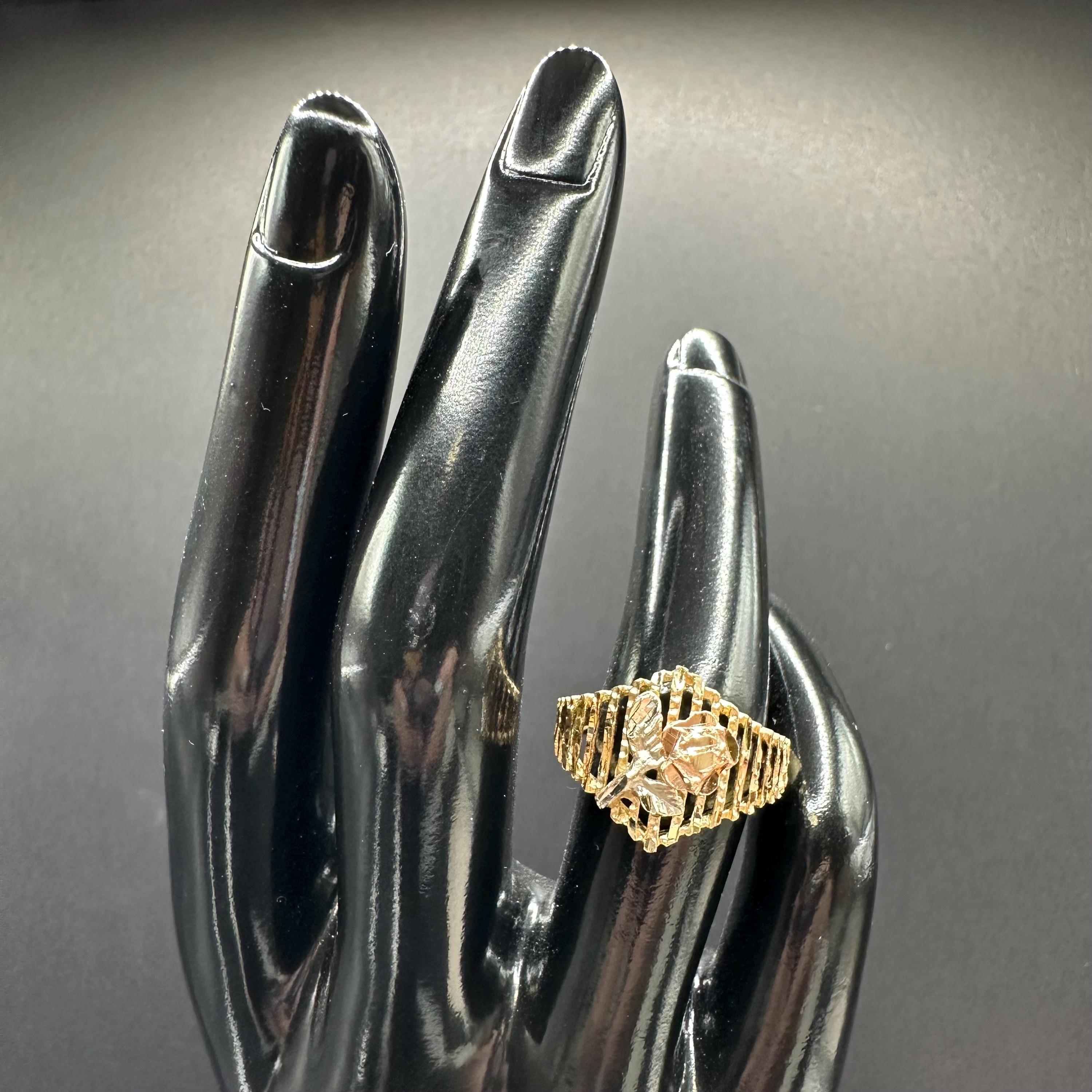 14K Solid Tri-Color Gold Michael Anthony Rose Cage Ring Vintage Size 6