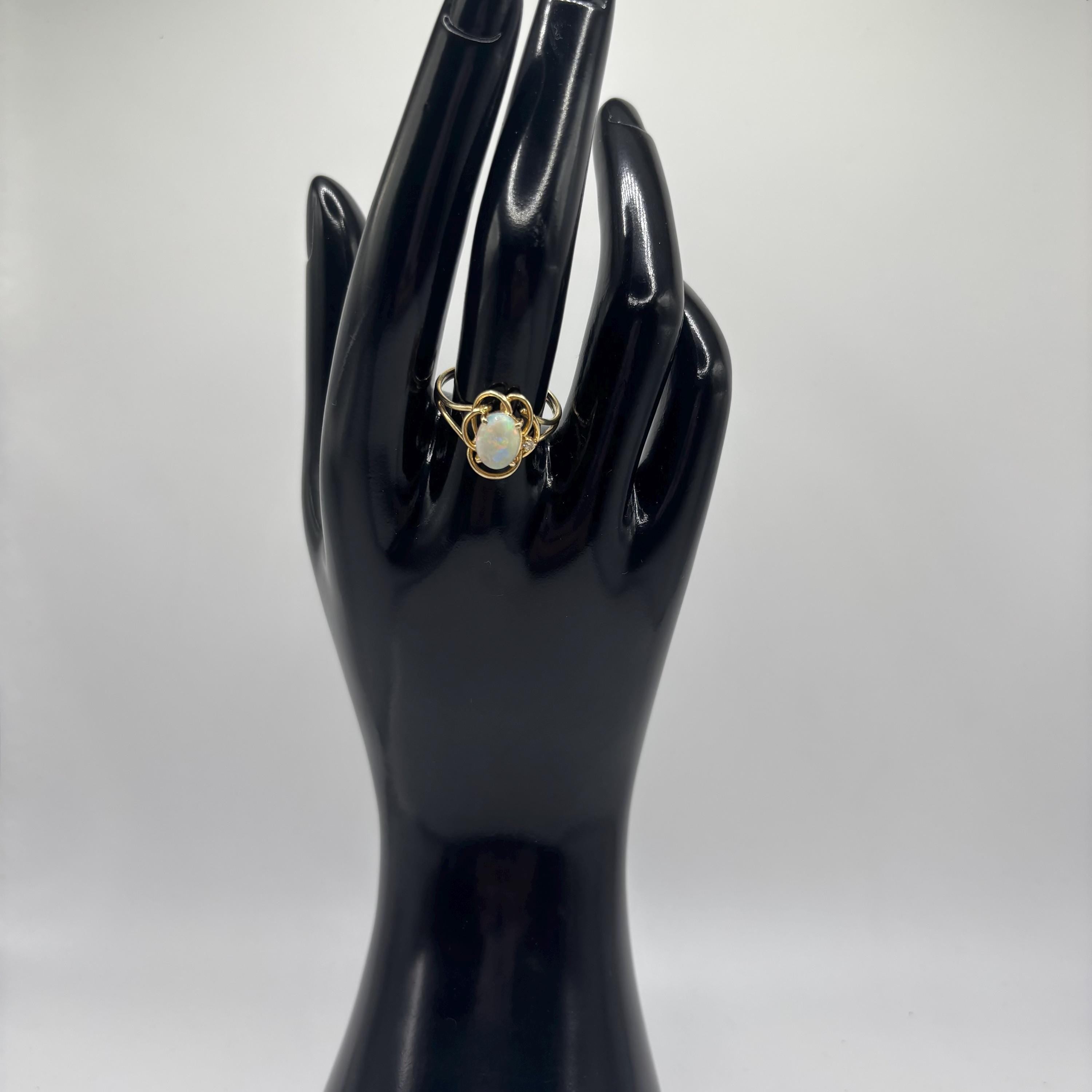 14k Gold Ring with Oval Opal and an Accent Diamond Size 8 Vintage