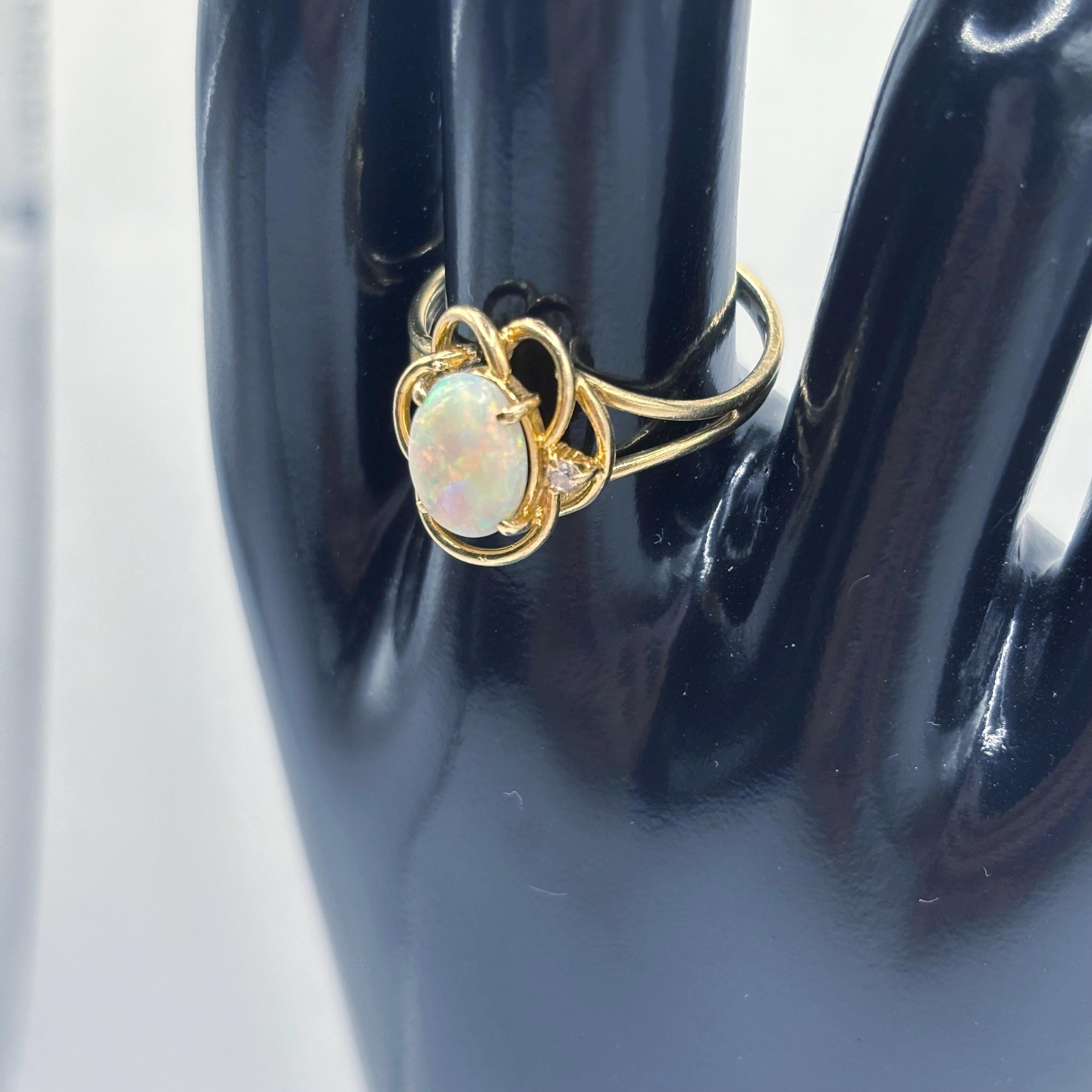 14k Gold Ring with Oval Opal and an Accent Diamond Size 8 Vintage