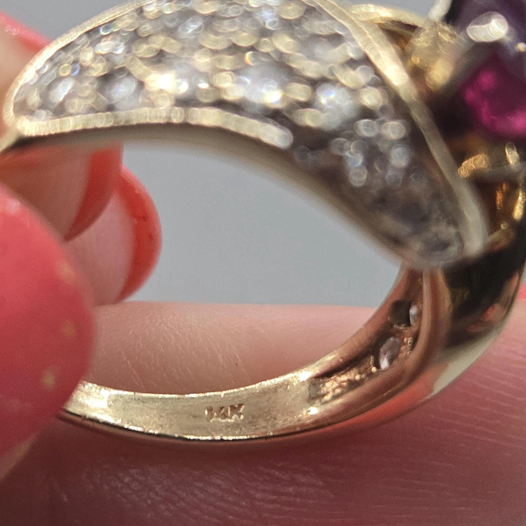 14k Solid Gold Rare Natural Ruby Ring with 24 Diamonds, Vintage Swirl Design, Size 5.5, Estate Fine Jewelry