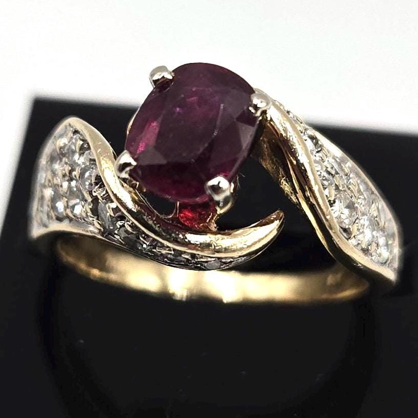 14k Solid Gold Rare Natural Ruby Ring with 24 Diamonds, Vintage Swirl Design, Size 5.5, Estate Fine Jewelry