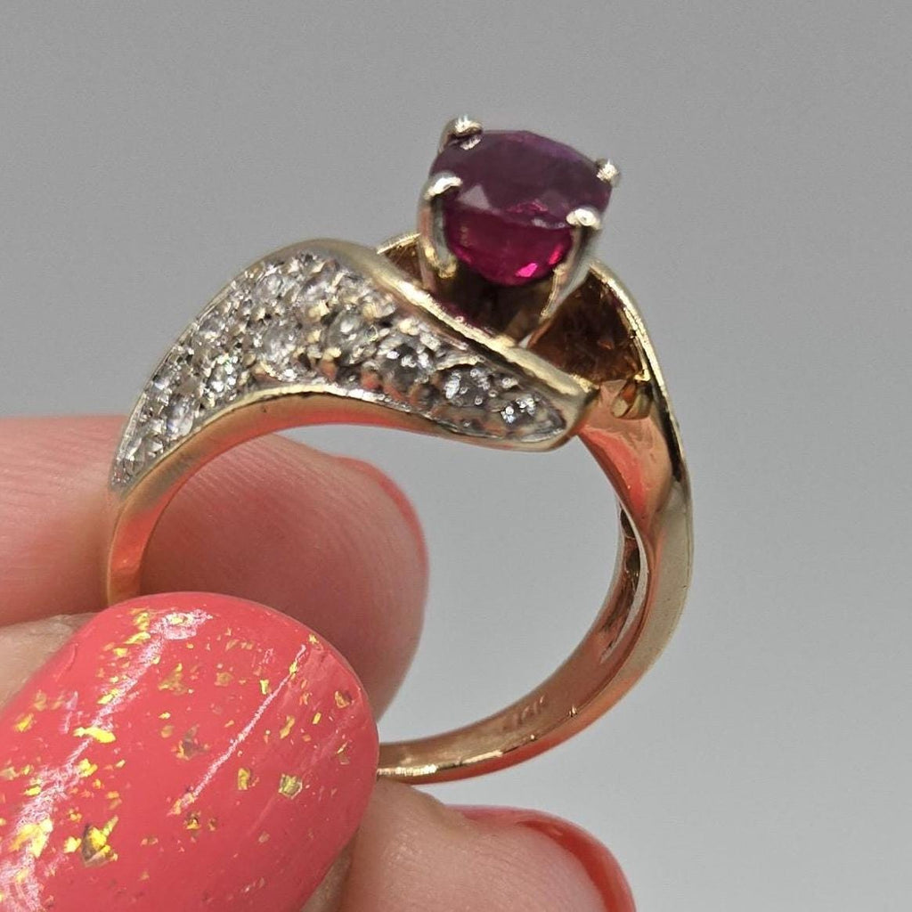 14k Solid Gold Rare Natural Ruby Ring with 24 Diamonds, Vintage Swirl Design, Size 5.5, Estate Fine Jewelry