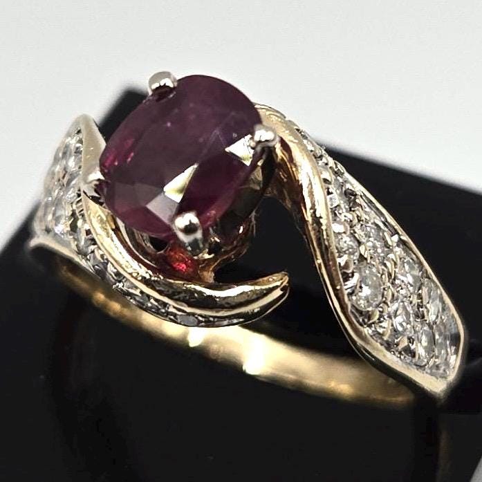 14k Solid Gold Rare Natural Ruby Ring with 24 Diamonds, Vintage Swirl Design, Size 5.5, Estate Fine Jewelry