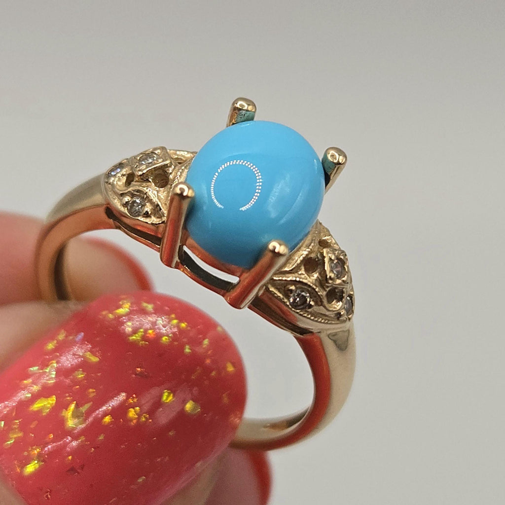 14k Solid Gold Rare Sleeping Beauty Turquoise Ring, Vintage Diamond Accent Ring, Size 6, Estate Fine Jewelry