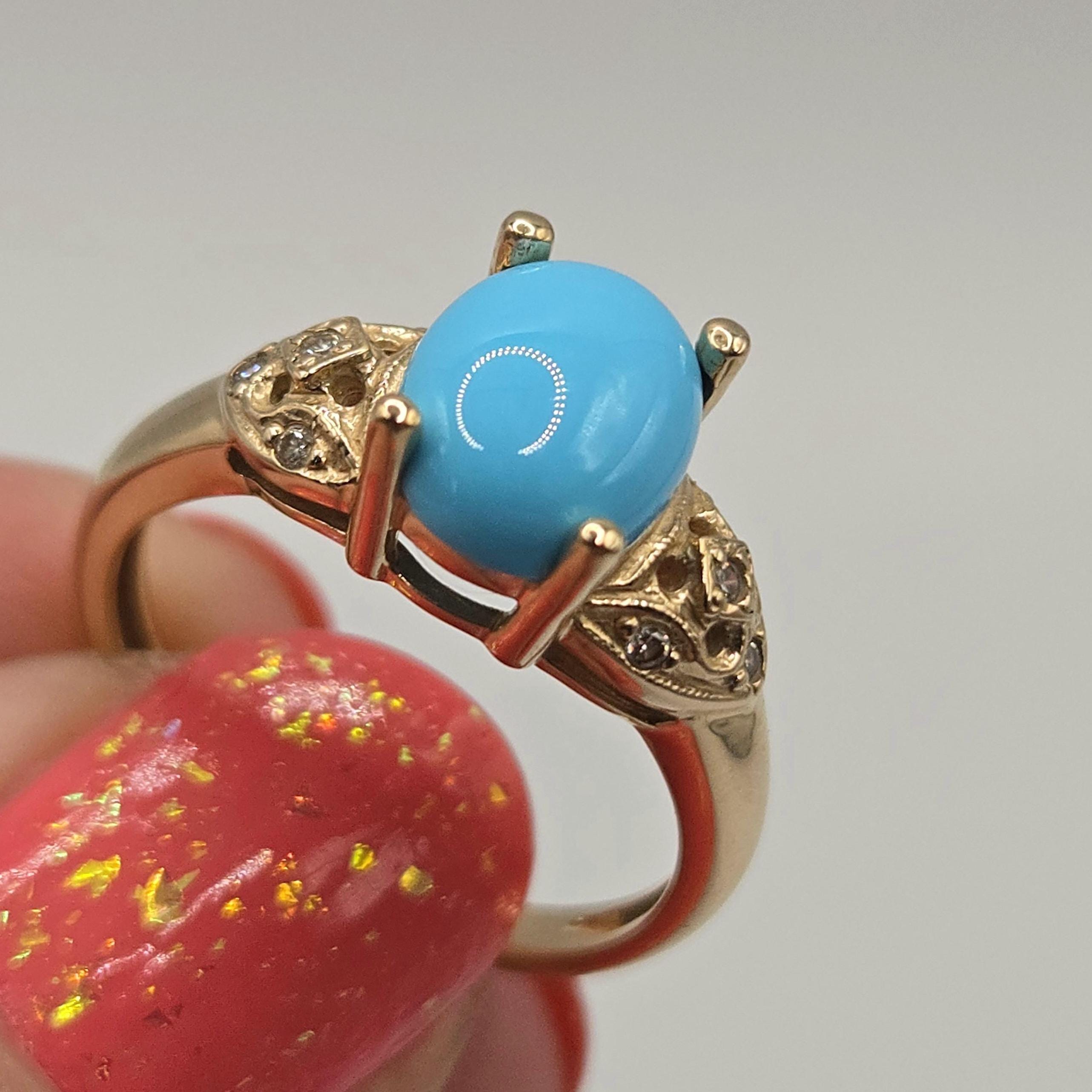 14k Solid Gold Rare Sleeping Beauty Turquoise Ring, Vintage Diamond Accent Ring, Size 6, Estate Fine Jewelry