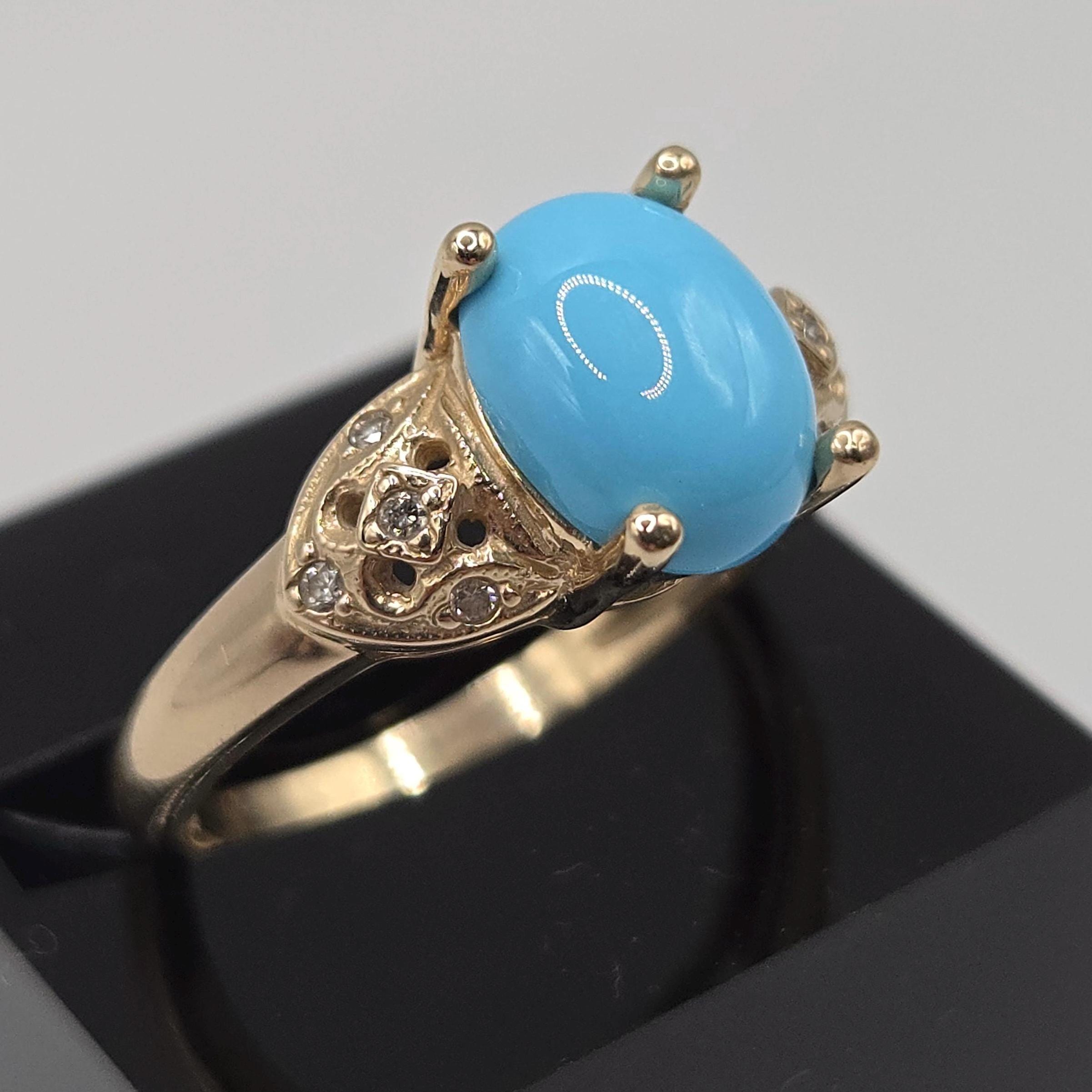 14k Solid Gold Rare Sleeping Beauty Turquoise Ring, Vintage Diamond Accent Ring, Size 6, Estate Fine Jewelry
