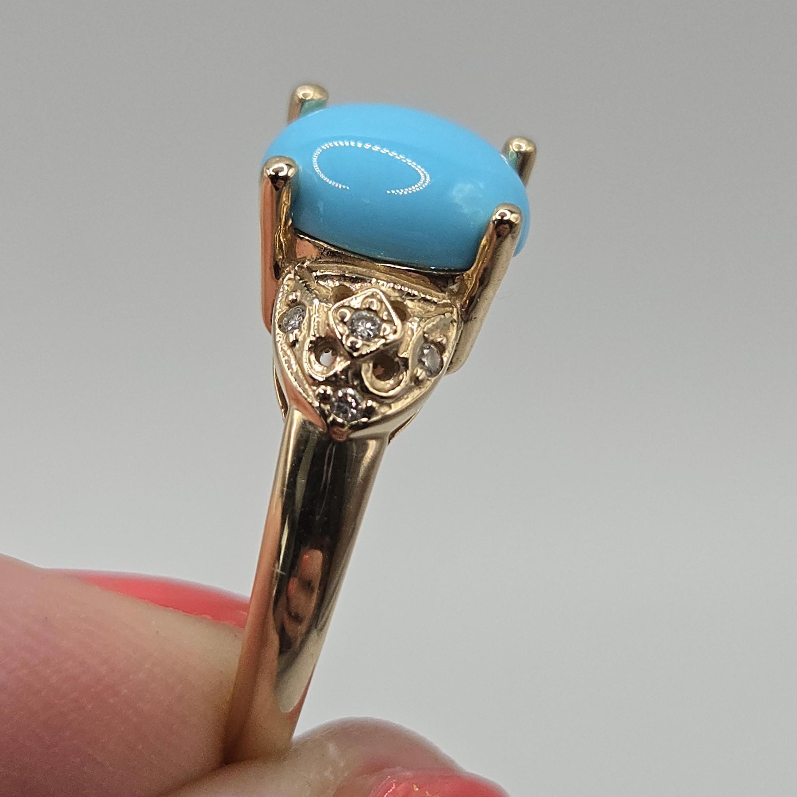 14k Solid Gold Rare Sleeping Beauty Turquoise Ring, Vintage Diamond Accent Ring, Size 6, Estate Fine Jewelry