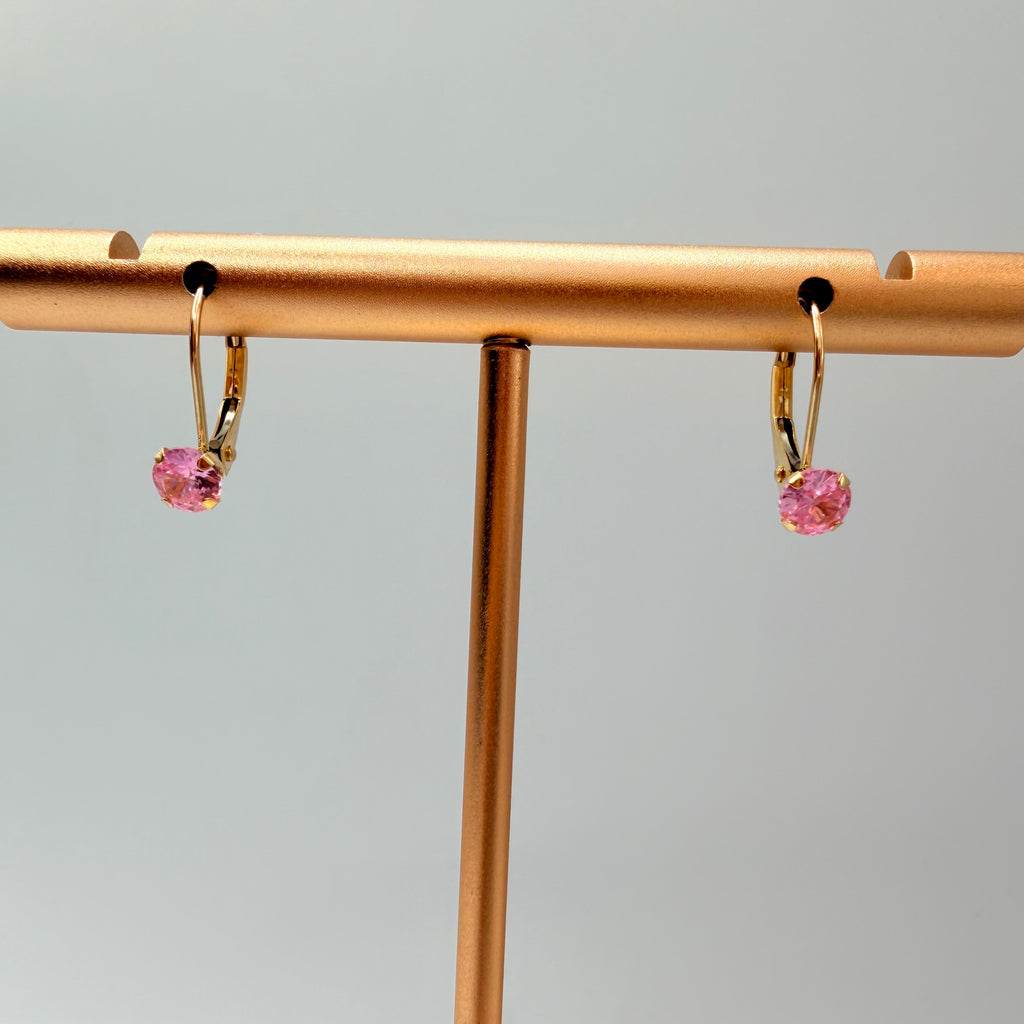 Solid 14K Yellow Gold Drop Earrings with Round Cut Pink Gemstones