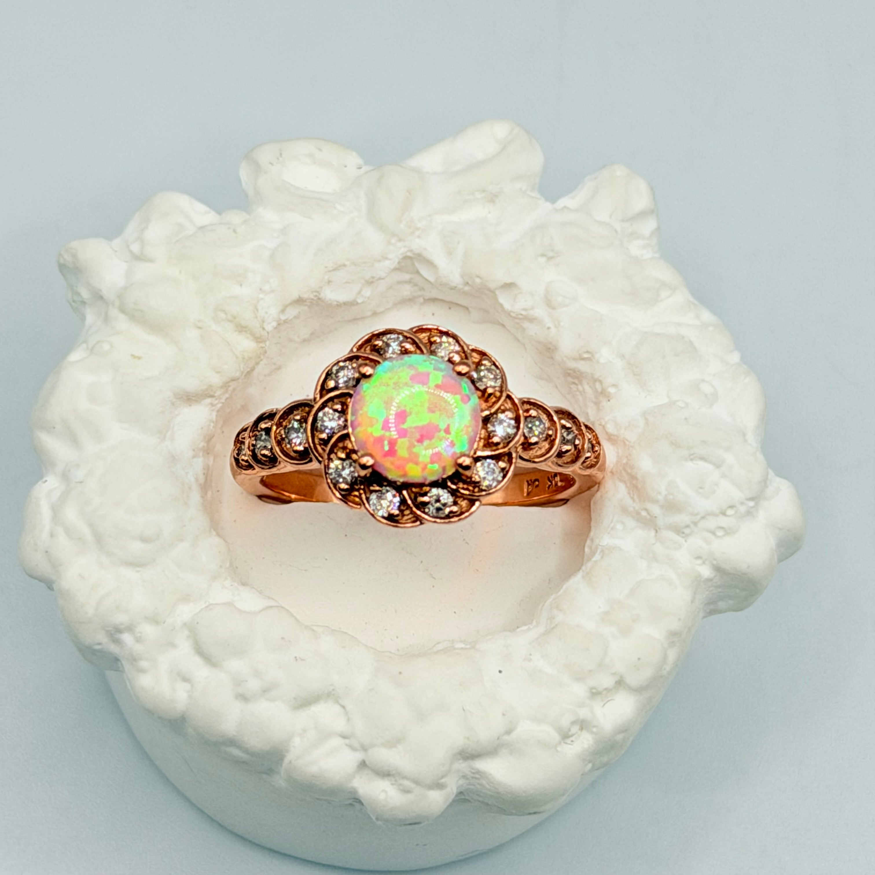 Solid 10K Rose Gold Ring with Round Cut Pink Opal and Diamond Accents Size 7