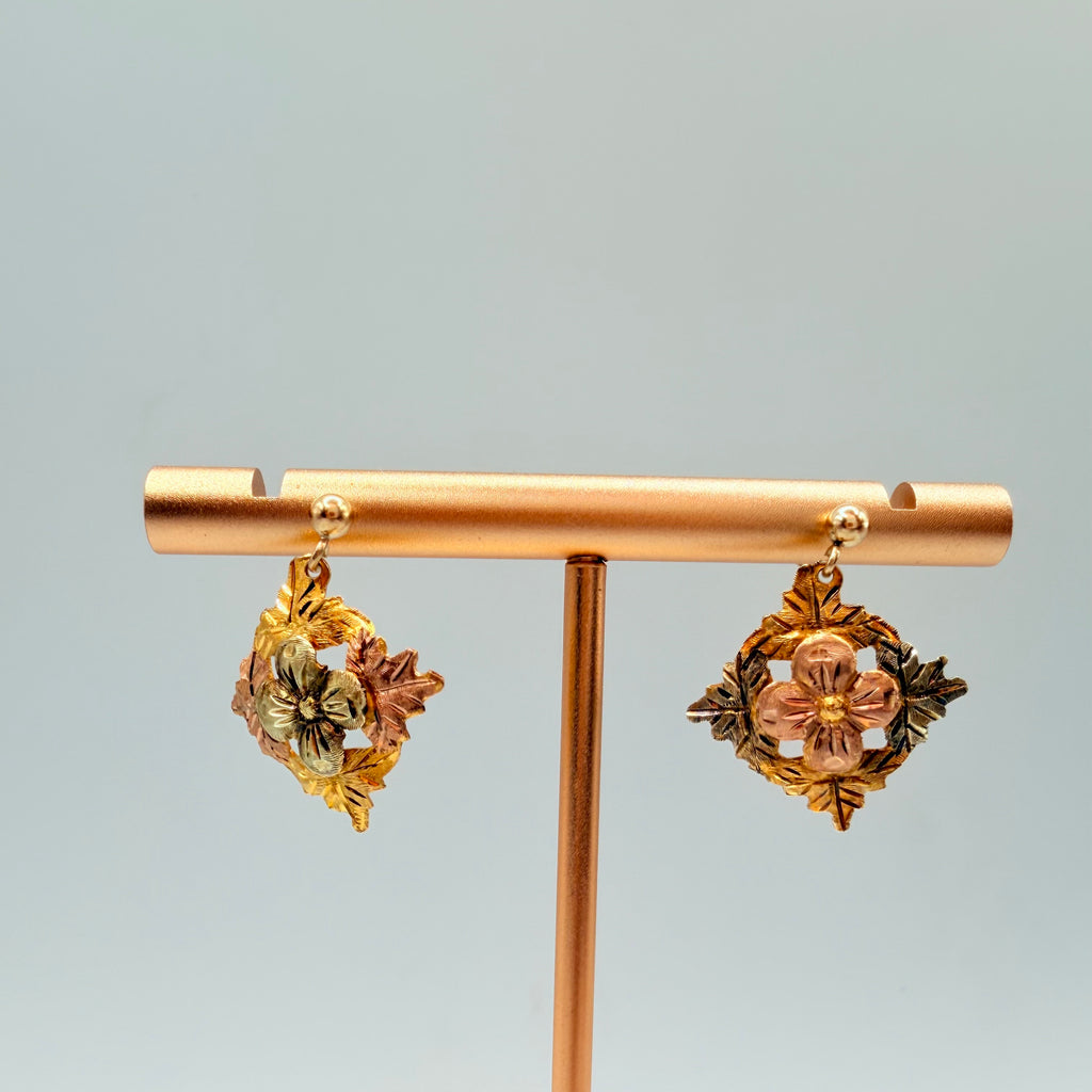 Black Hills Solid 10K Tri-Color Gold Dangle Earrings - Flower and Leaf Accents