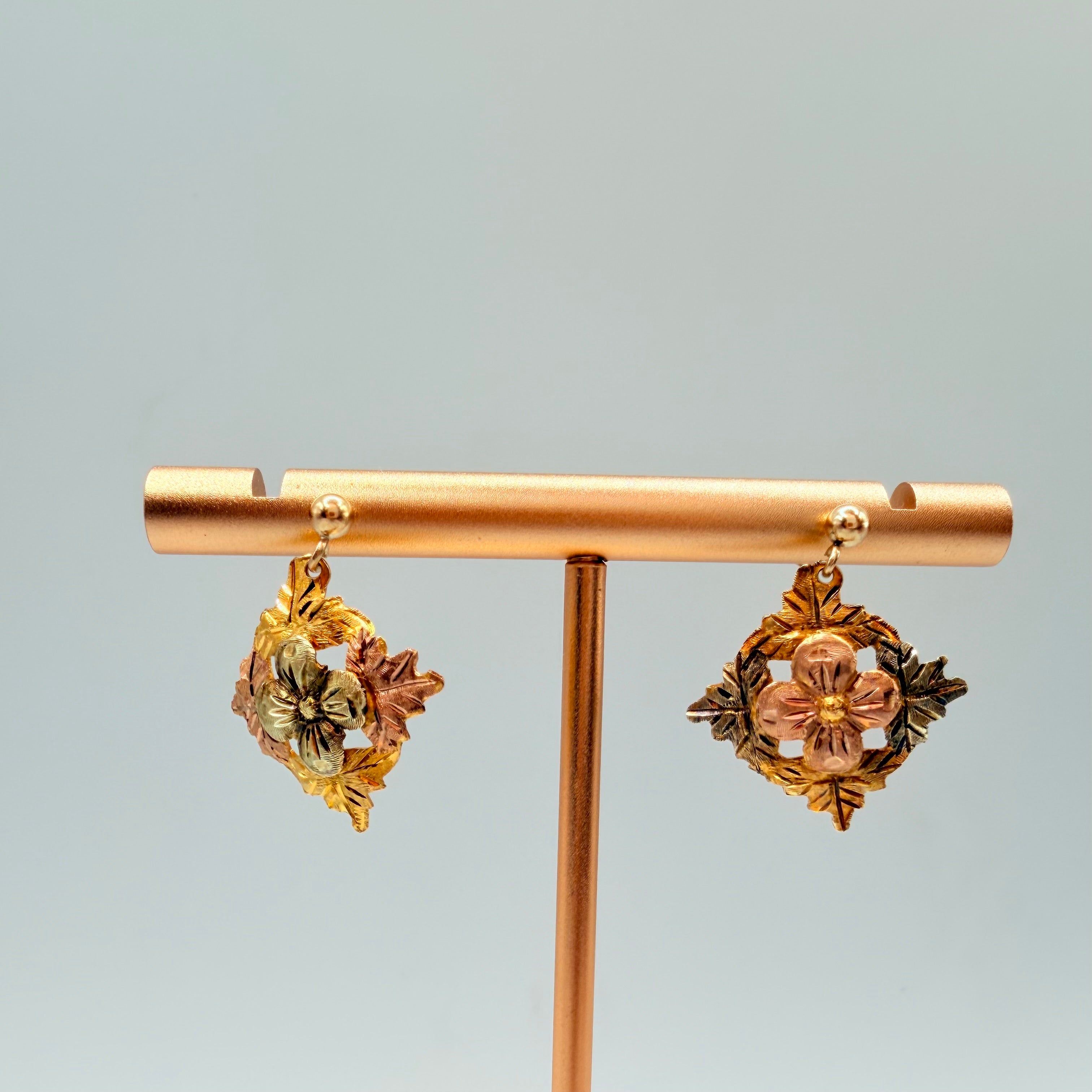 Black Hills Solid 10K Tri-Color Gold Dangle Earrings - Flower and Leaf Accents