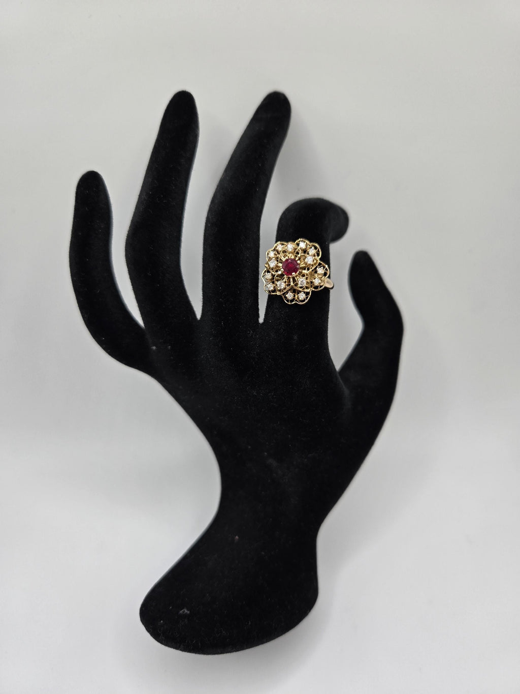 18K Gold Filigree Flower Ring with Ruby & Diamonds, Size 6.5