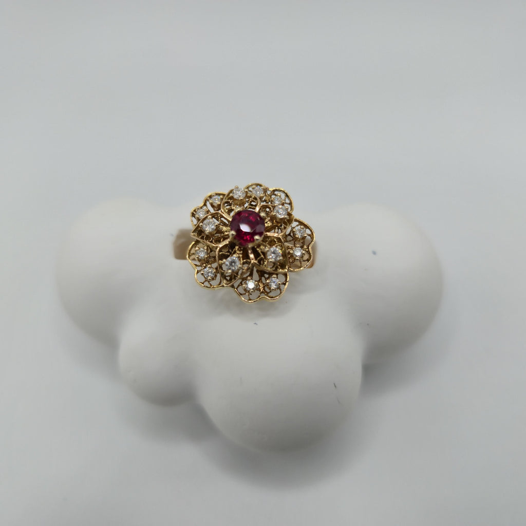 18K Gold Filigree Flower Ring with Ruby & Diamonds, Size 6.5