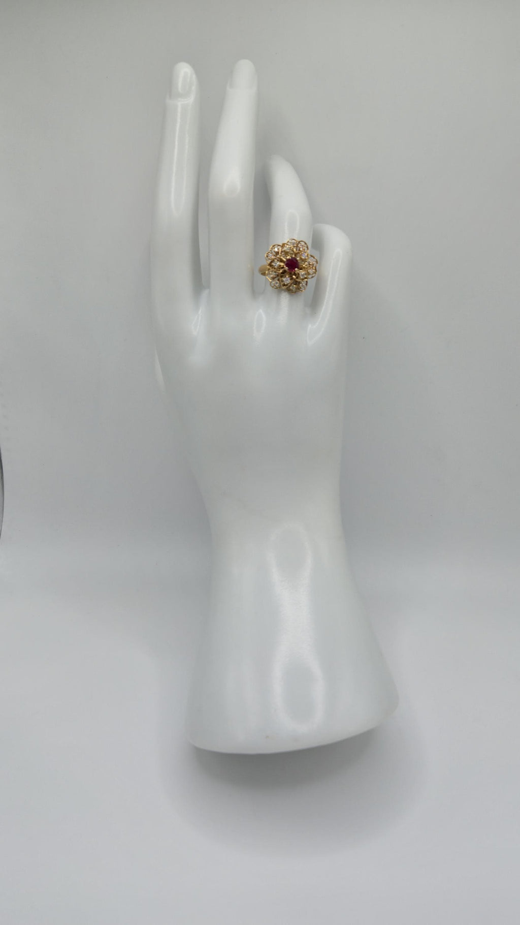 18K Gold Filigree Flower Ring with Ruby & Diamonds, Size 6.5