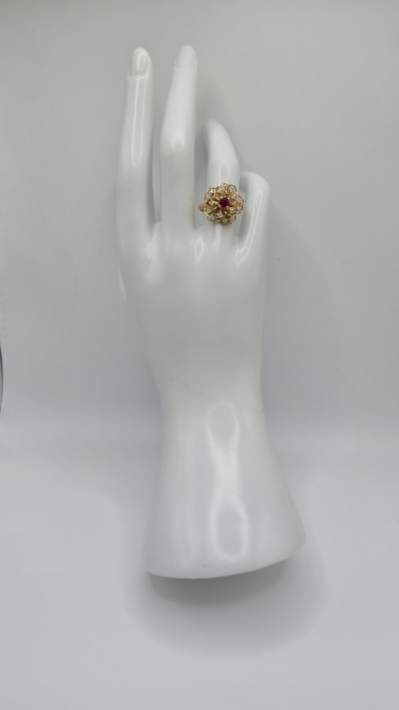 18K Gold Filigree Flower Ring with Ruby & Diamonds, Size 6.5