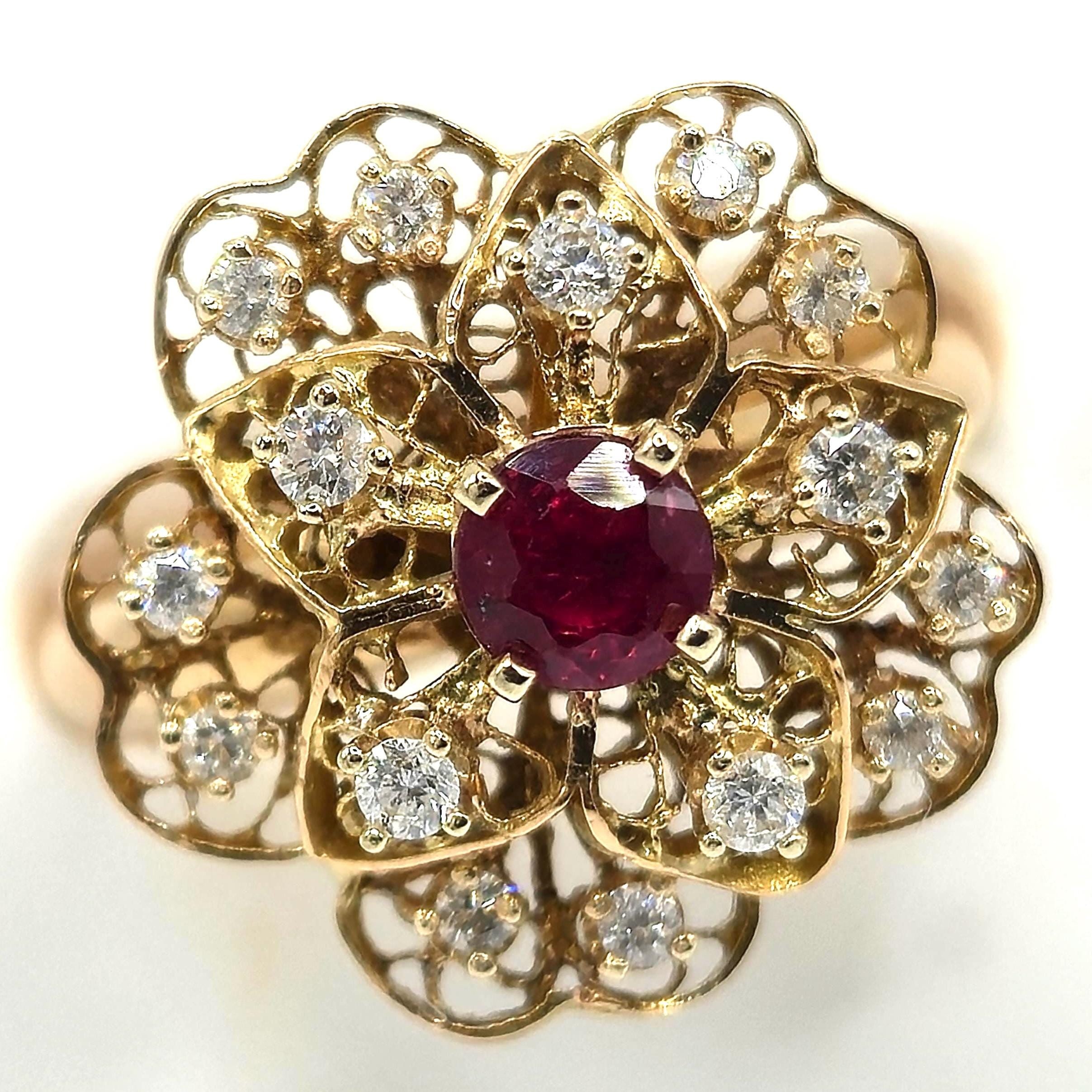 18K Gold Filigree Flower Ring with Ruby & Diamonds, Size 6.5