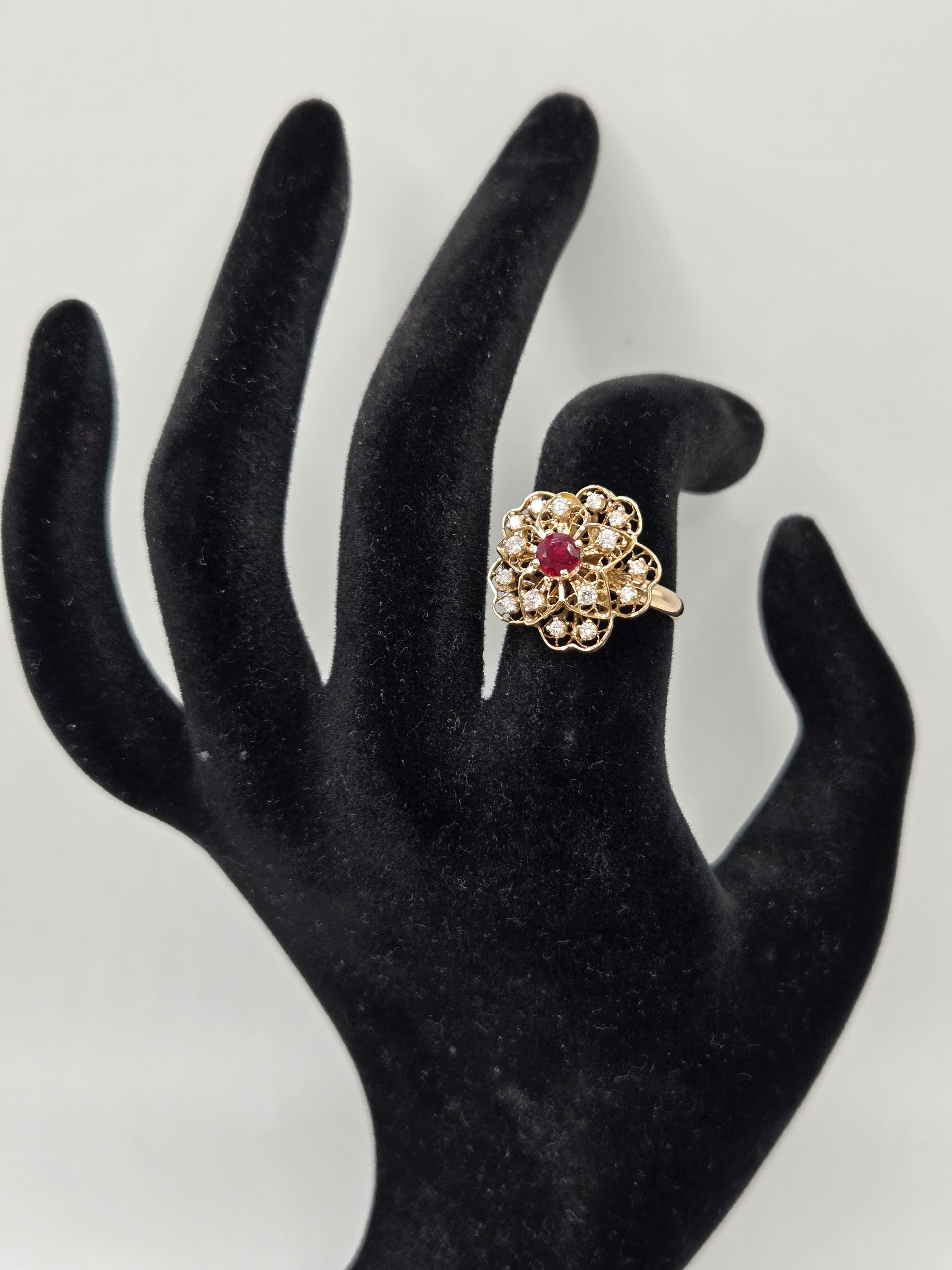 18K Gold Filigree Flower Ring with Ruby & Diamonds, Size 6.5