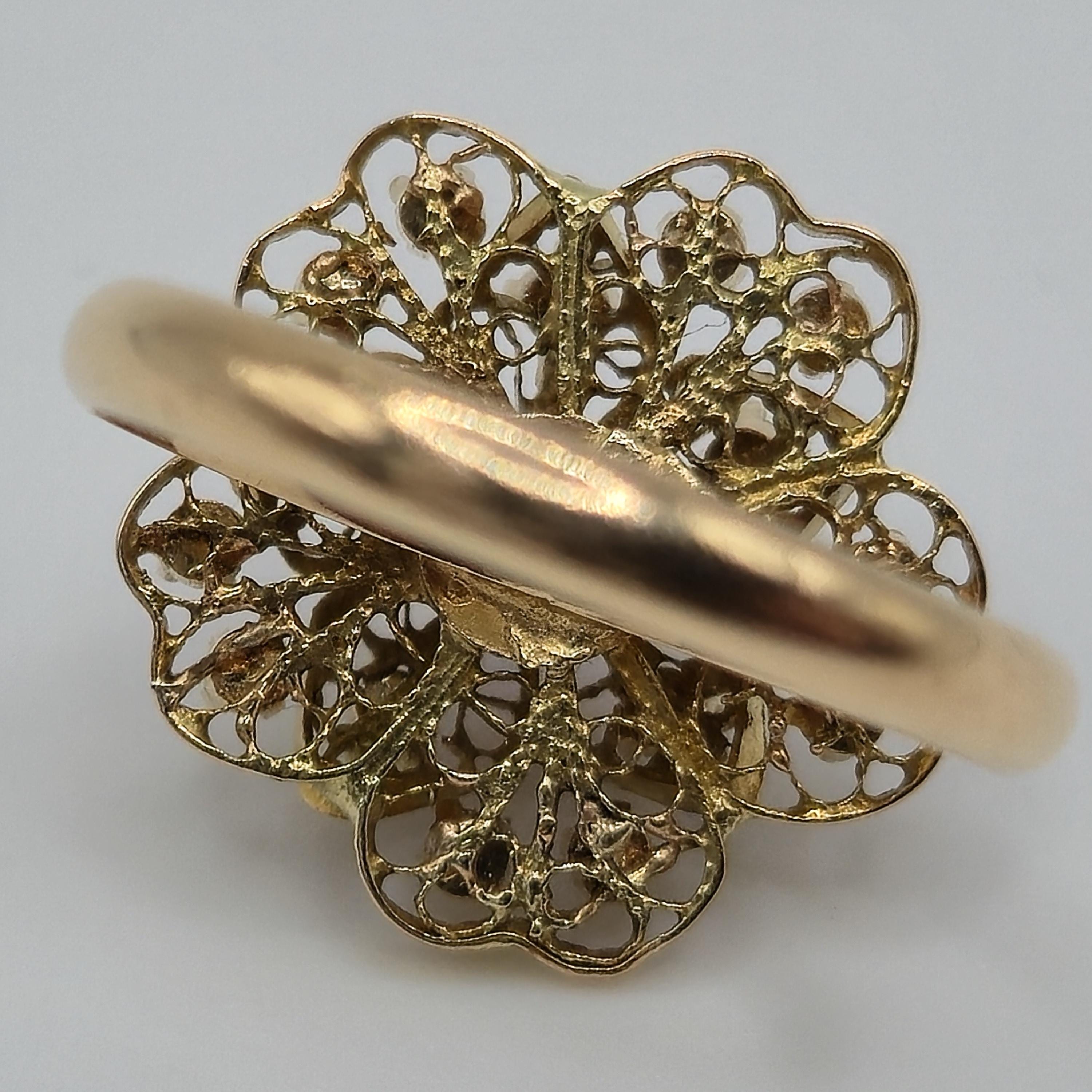 18K Gold Filigree Flower Ring with Ruby & Diamonds, Size 6.5