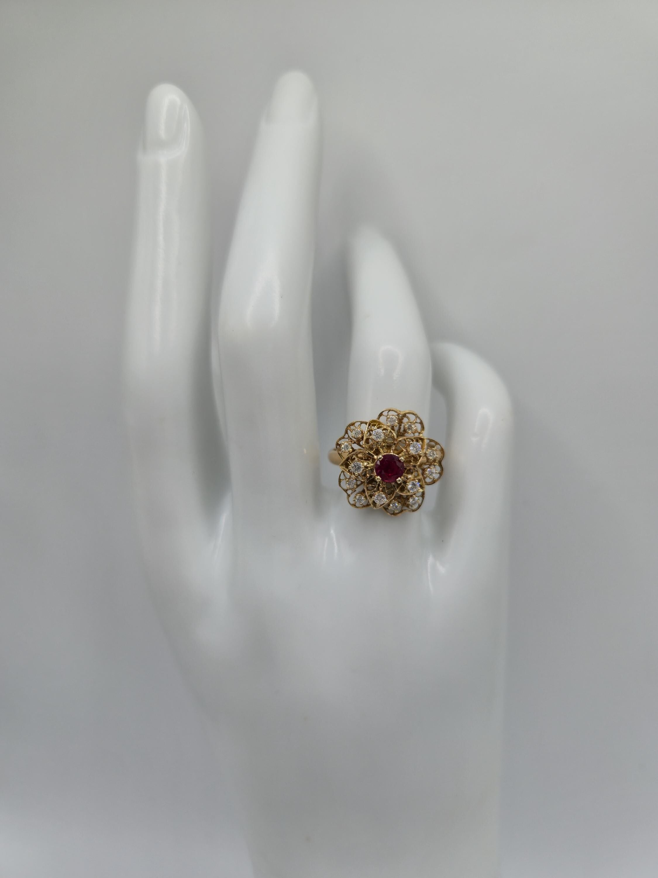 18K Gold Filigree Flower Ring with Ruby & Diamonds, Size 6.5