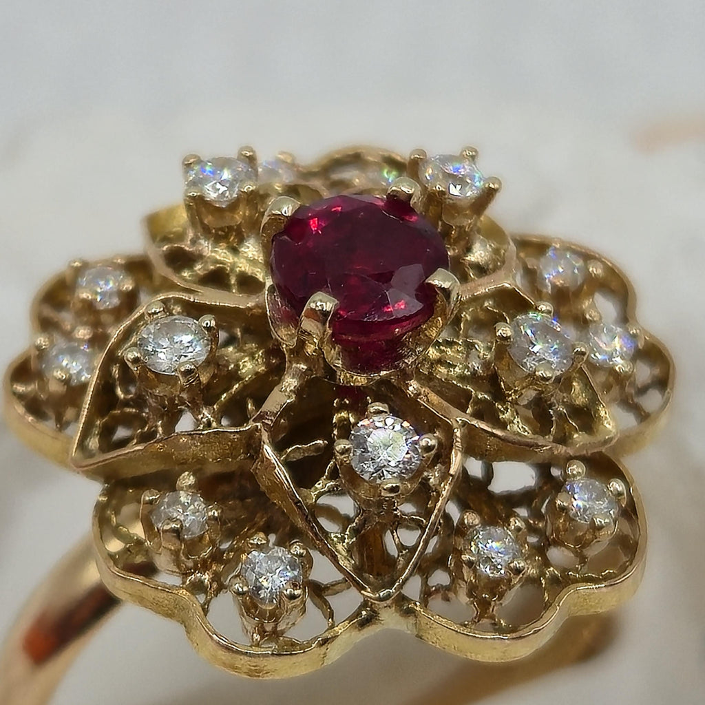 18K Gold Filigree Flower Ring with Ruby & Diamonds, Size 6.5
