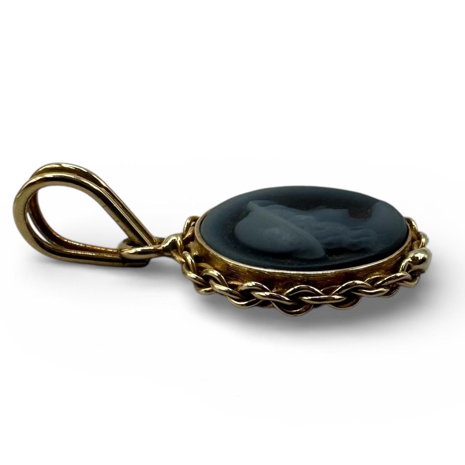 18K Solid Gold Blue Agate Cameo Pendant, Handcrafted Rope Bezel