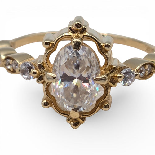 18K Solid Gold Oval Moissanite Ring, Size 4.25, Vintage-Inspired Setting