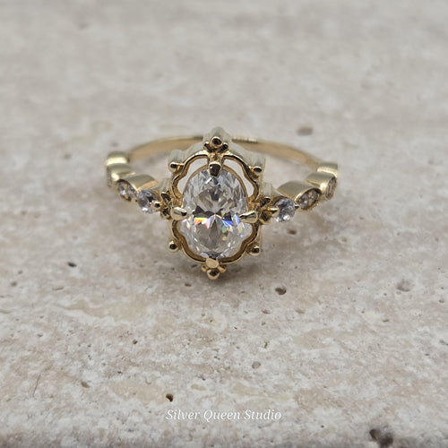 18K Solid Gold Oval Moissanite Ring, Size 4.25, Vintage-Inspired Setting