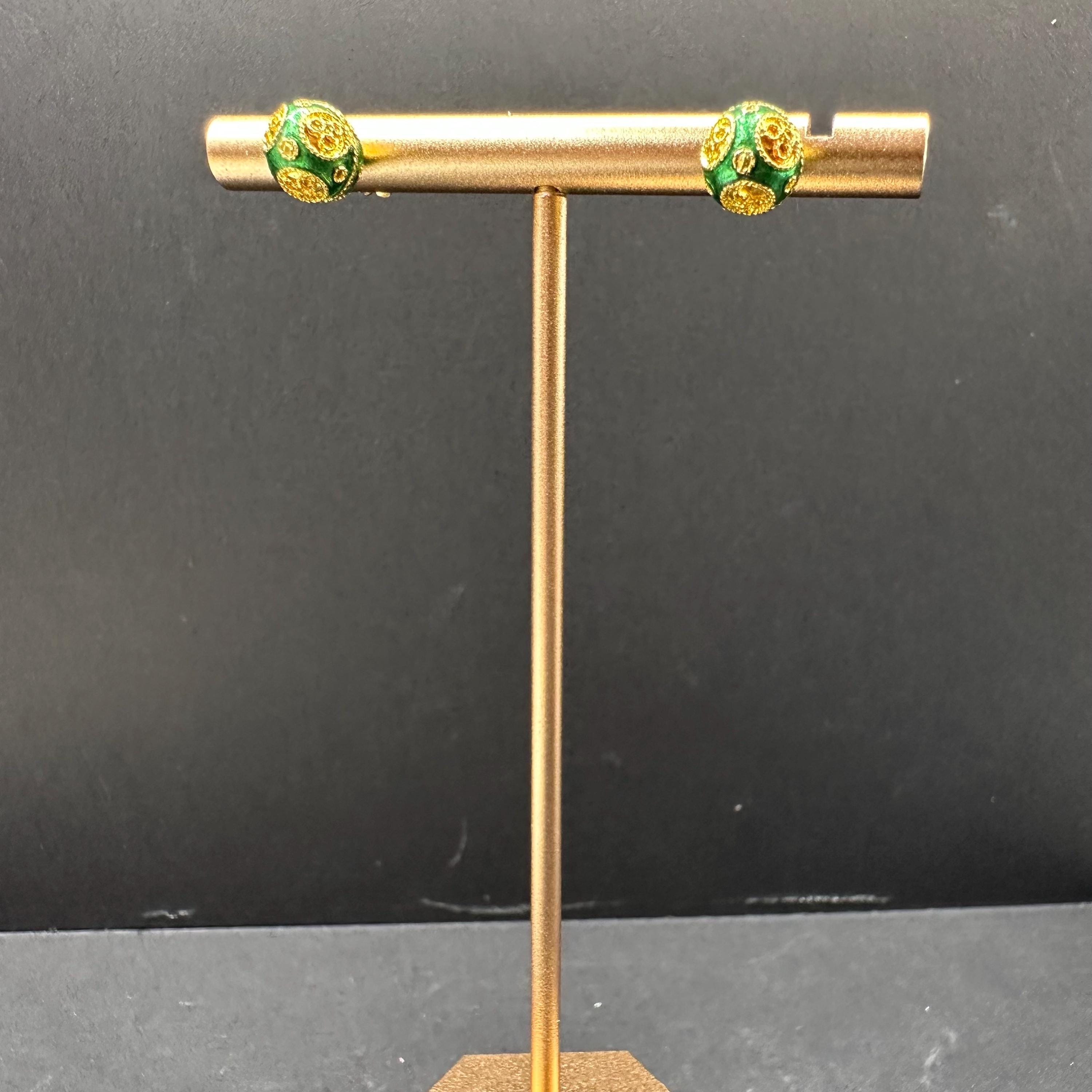 18K Solid Gold and Green Luxury Ball Earrings Vintage