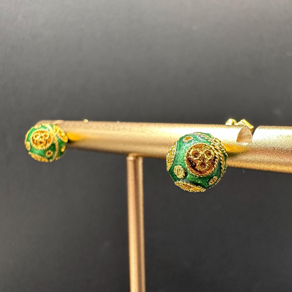 18K Solid Gold and Green Luxury Ball Earrings Vintage
