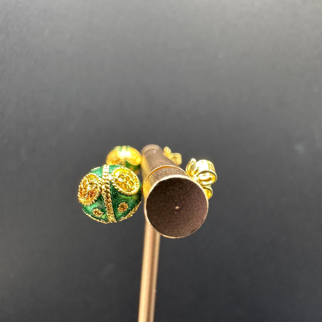 18K Solid Gold and Green Luxury Ball Earrings Vintage