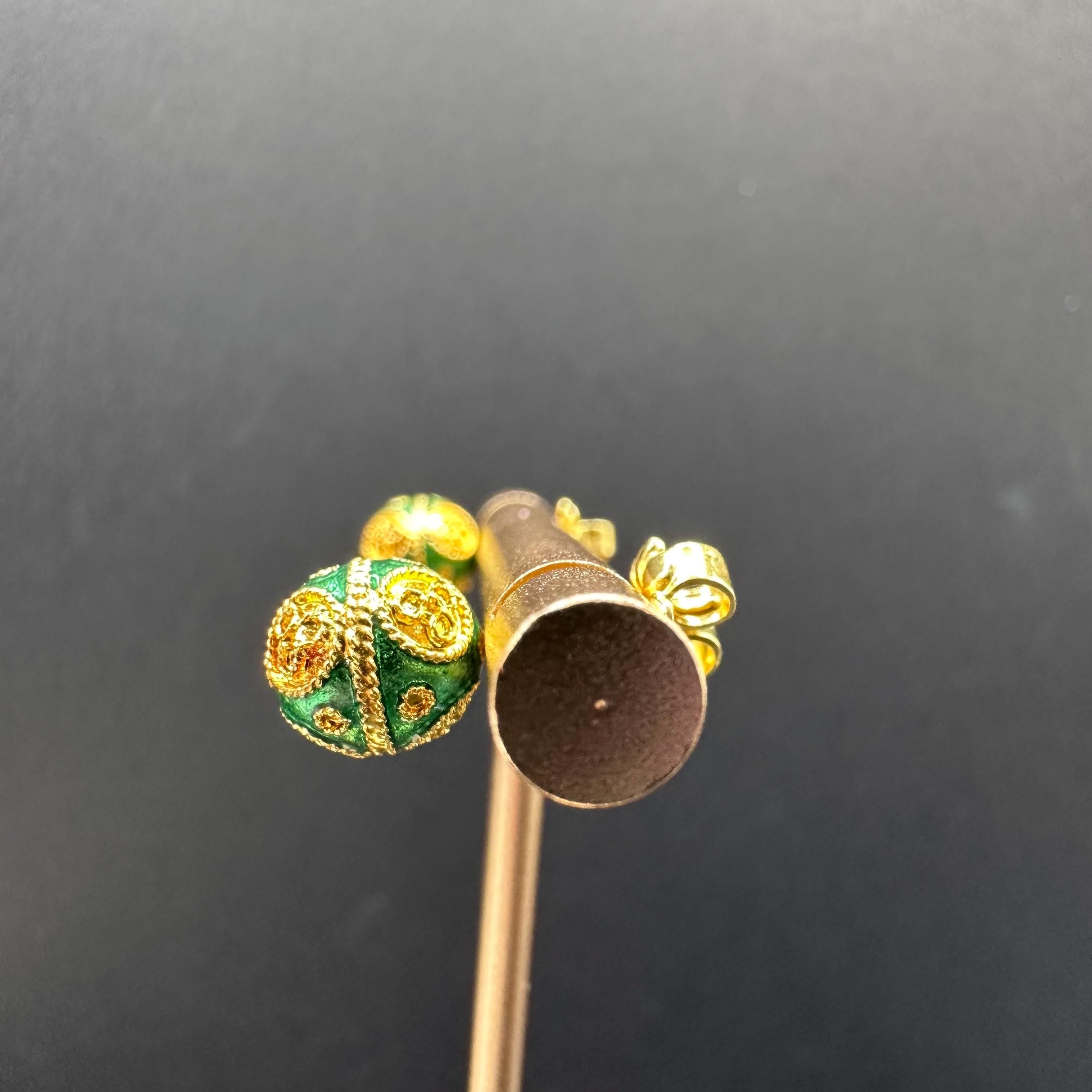 18K Solid Gold and Green Luxury Ball Earrings Vintage
