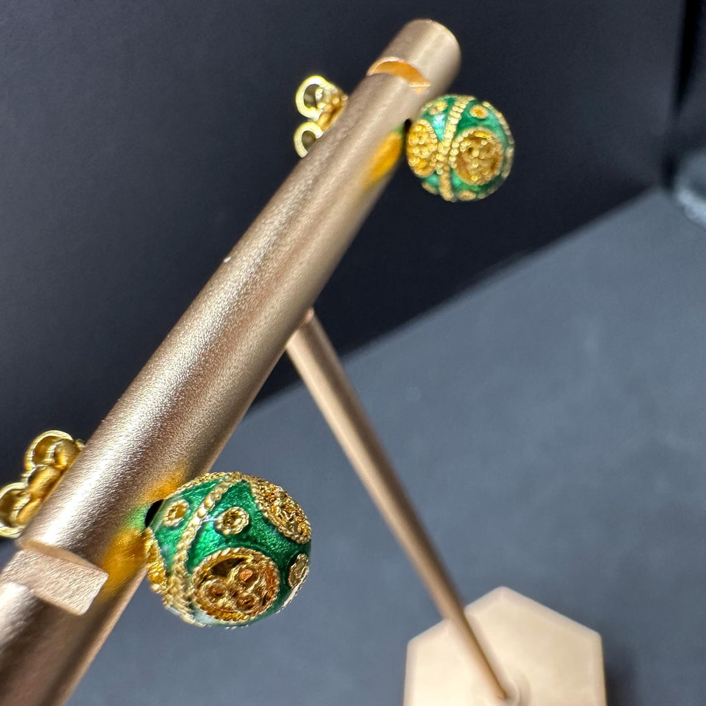 18K Solid Gold and Green Luxury Ball Earrings Vintage