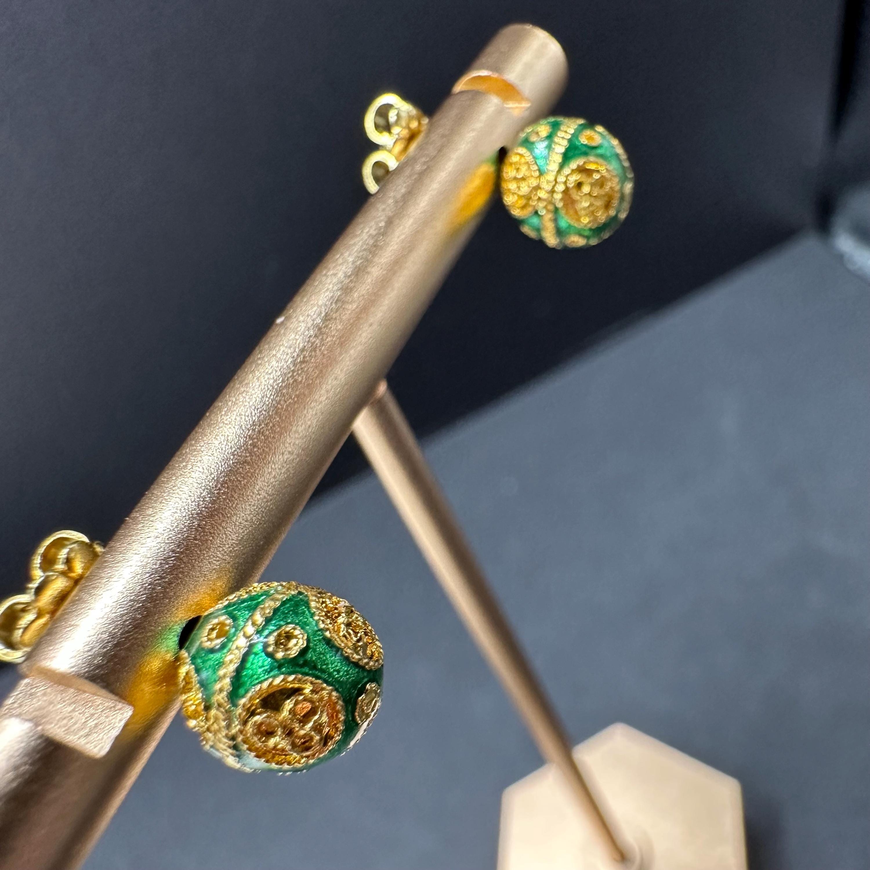 18K Solid Gold and Green Luxury Ball Earrings Vintage