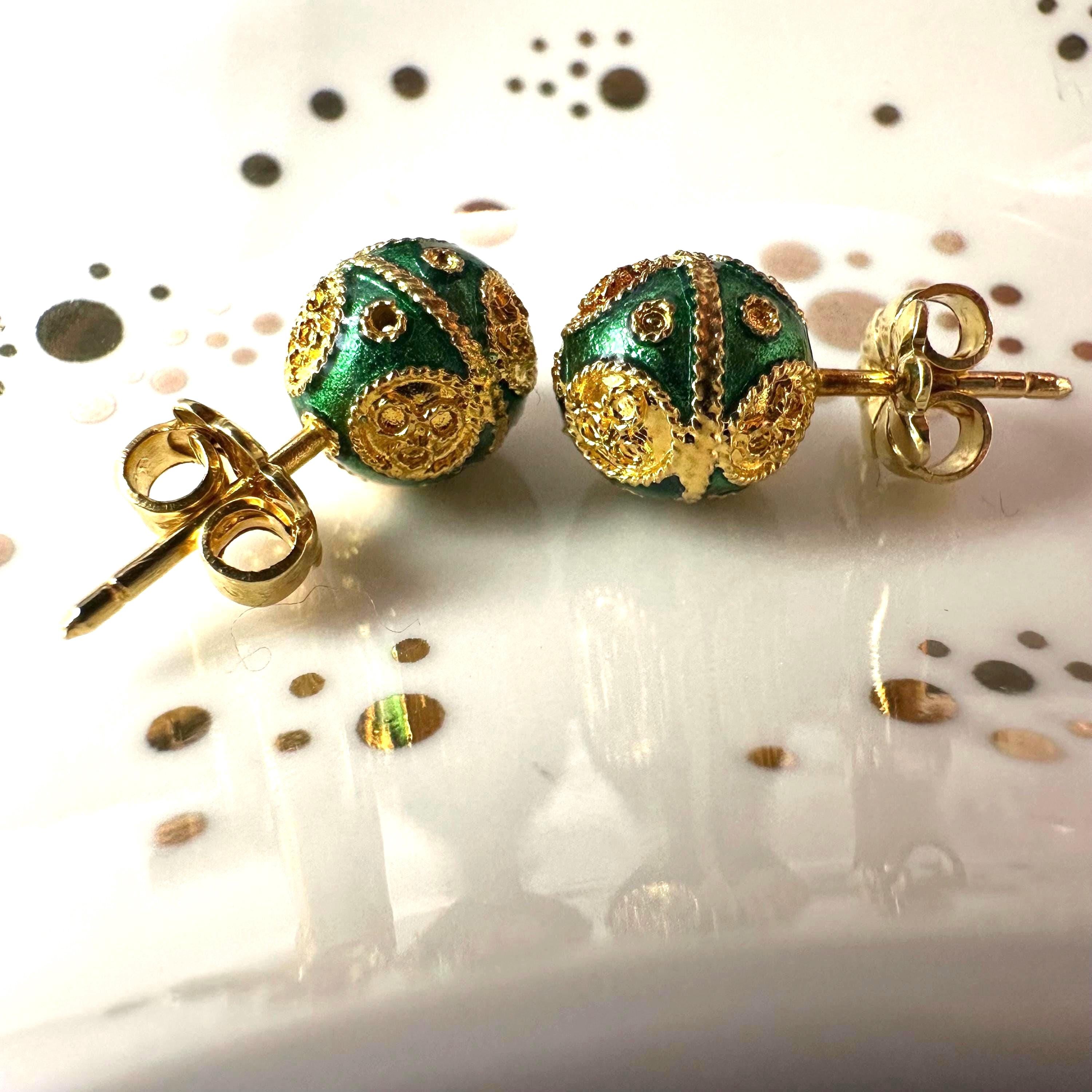 18K Solid Gold and Green Luxury Ball Earrings Vintage