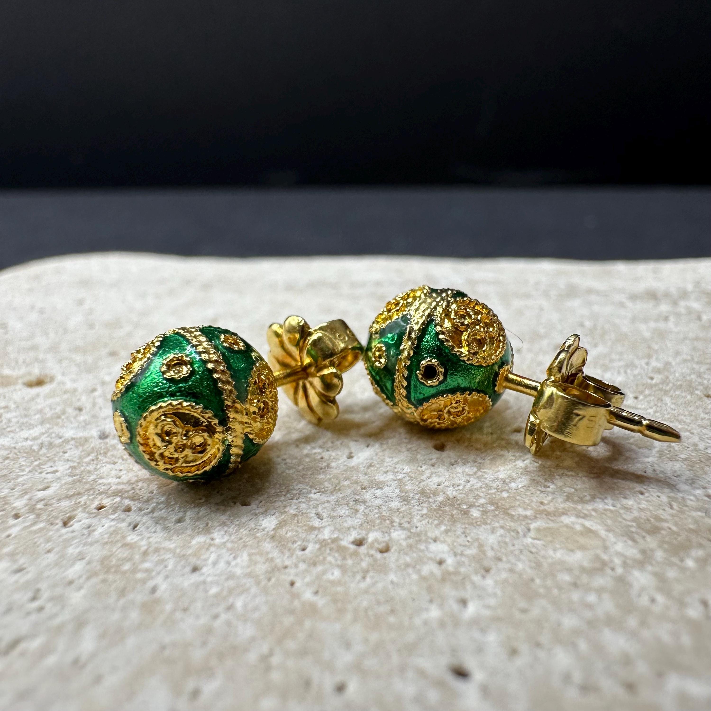 18K Solid Gold and Green Luxury Ball Earrings Vintage