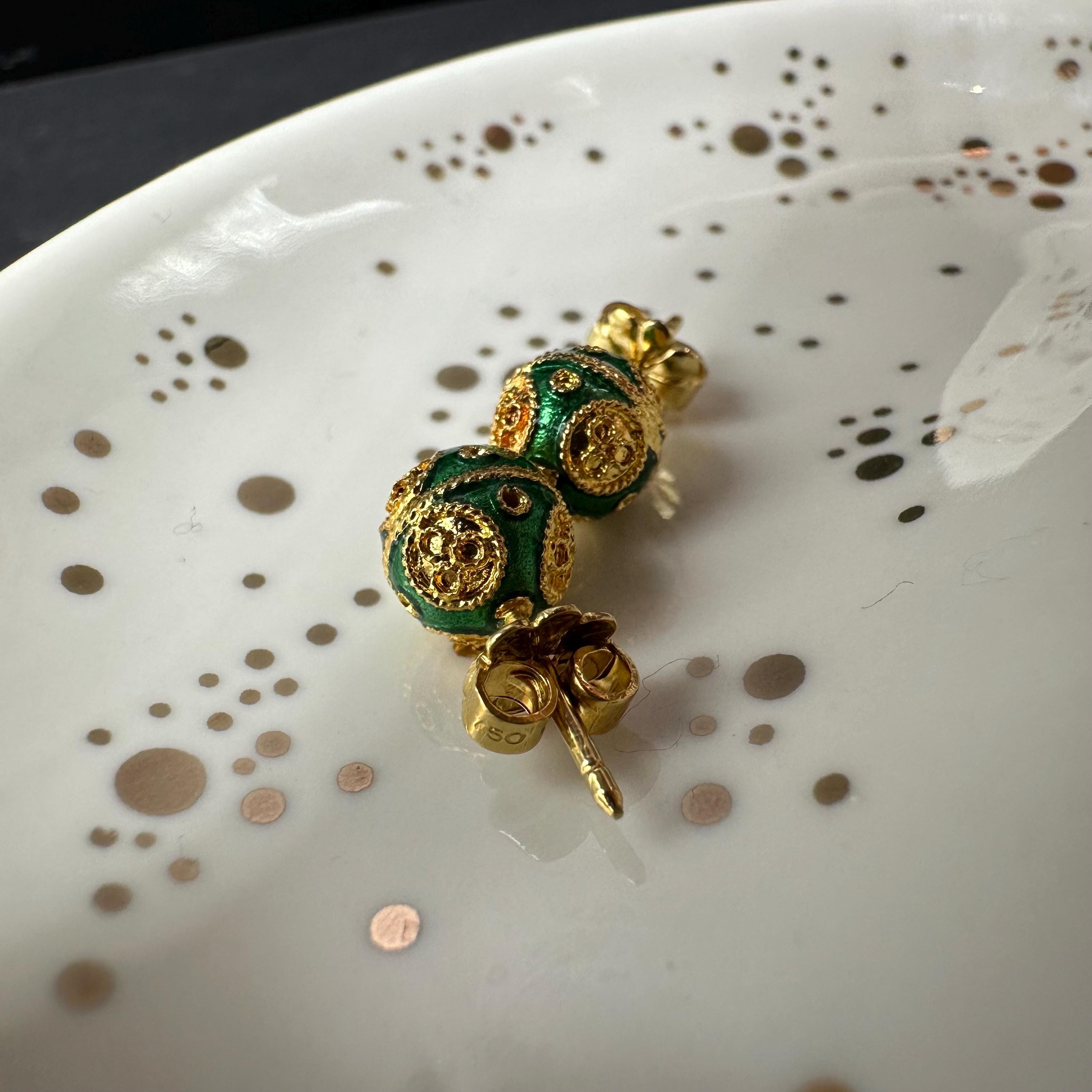 18K Solid Gold and Green Luxury Ball Earrings Vintage