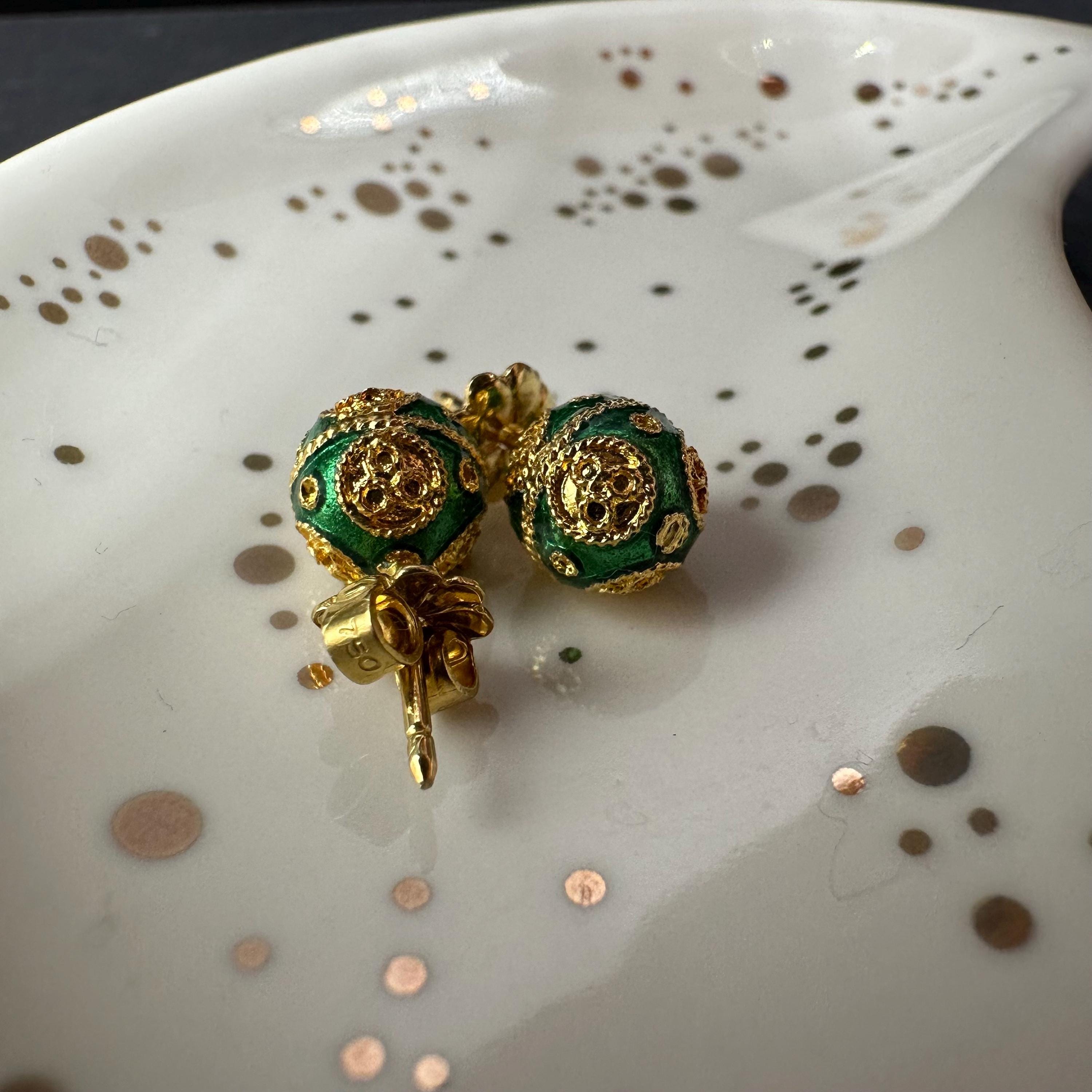 18K Solid Gold and Green Luxury Ball Earrings Vintage