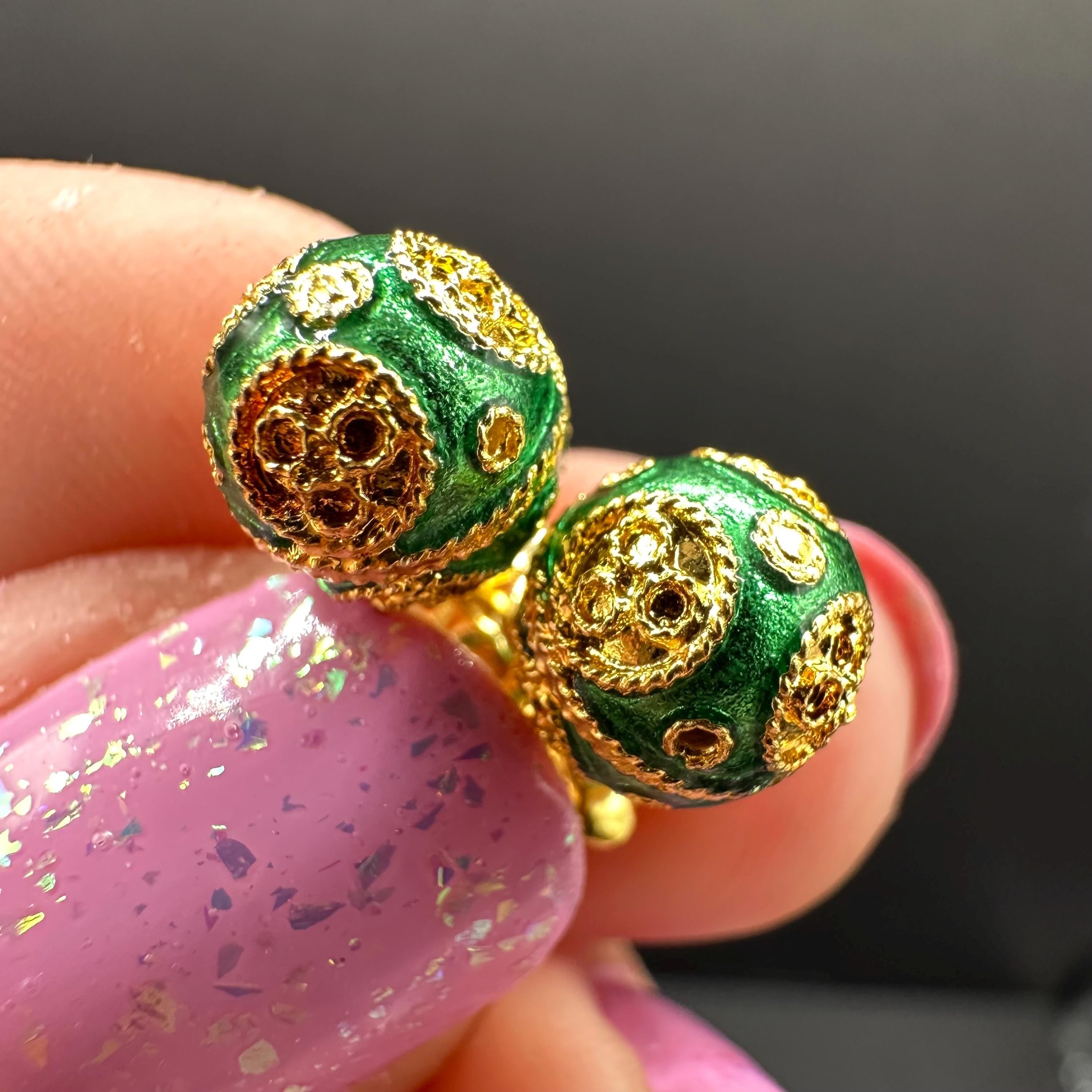 18K Solid Gold and Green Luxury Ball Earrings Vintage