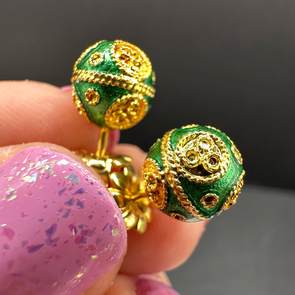 18K Solid Gold and Green Luxury Ball Earrings Vintage