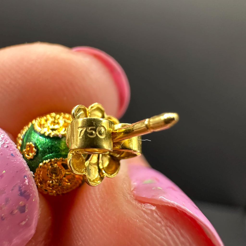 18K Solid Gold and Green Luxury Ball Earrings Vintage
