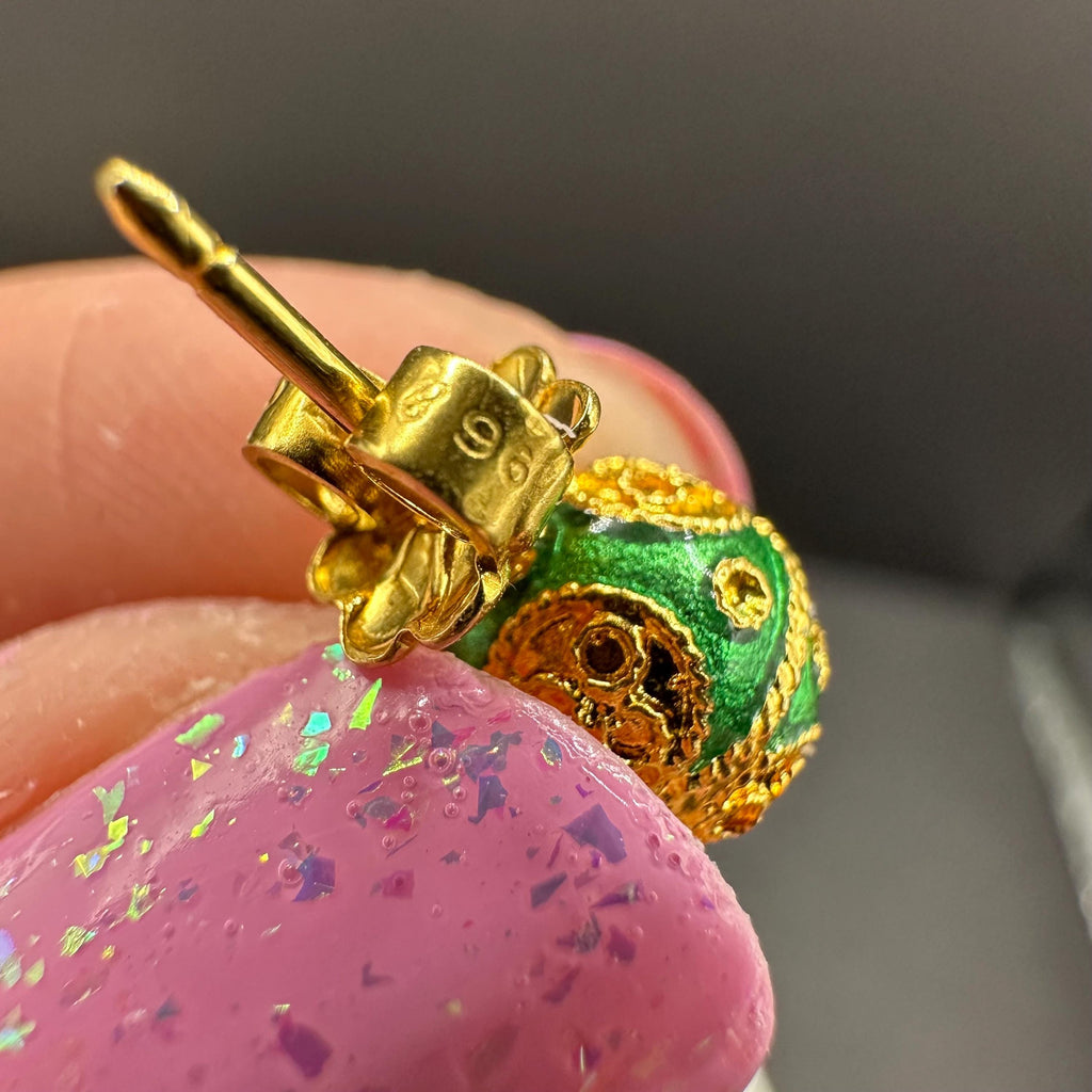 18K Solid Gold and Green Luxury Ball Earrings Vintage