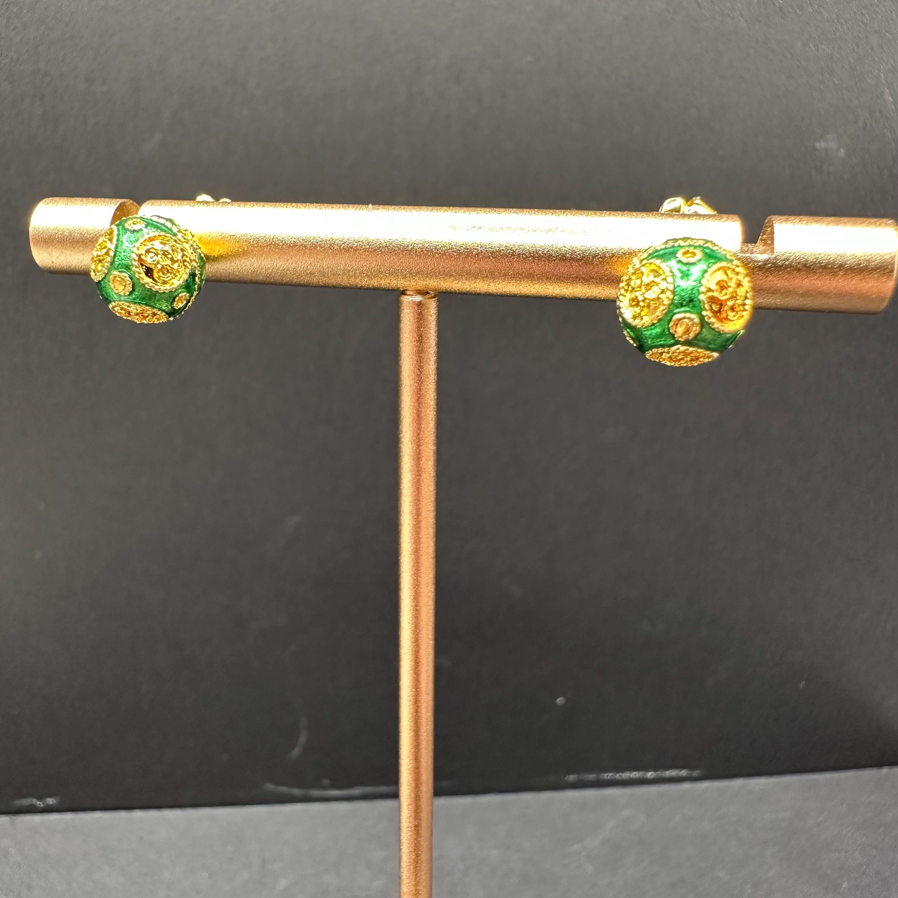 18K Solid Gold and Green Luxury Ball Earrings Vintage