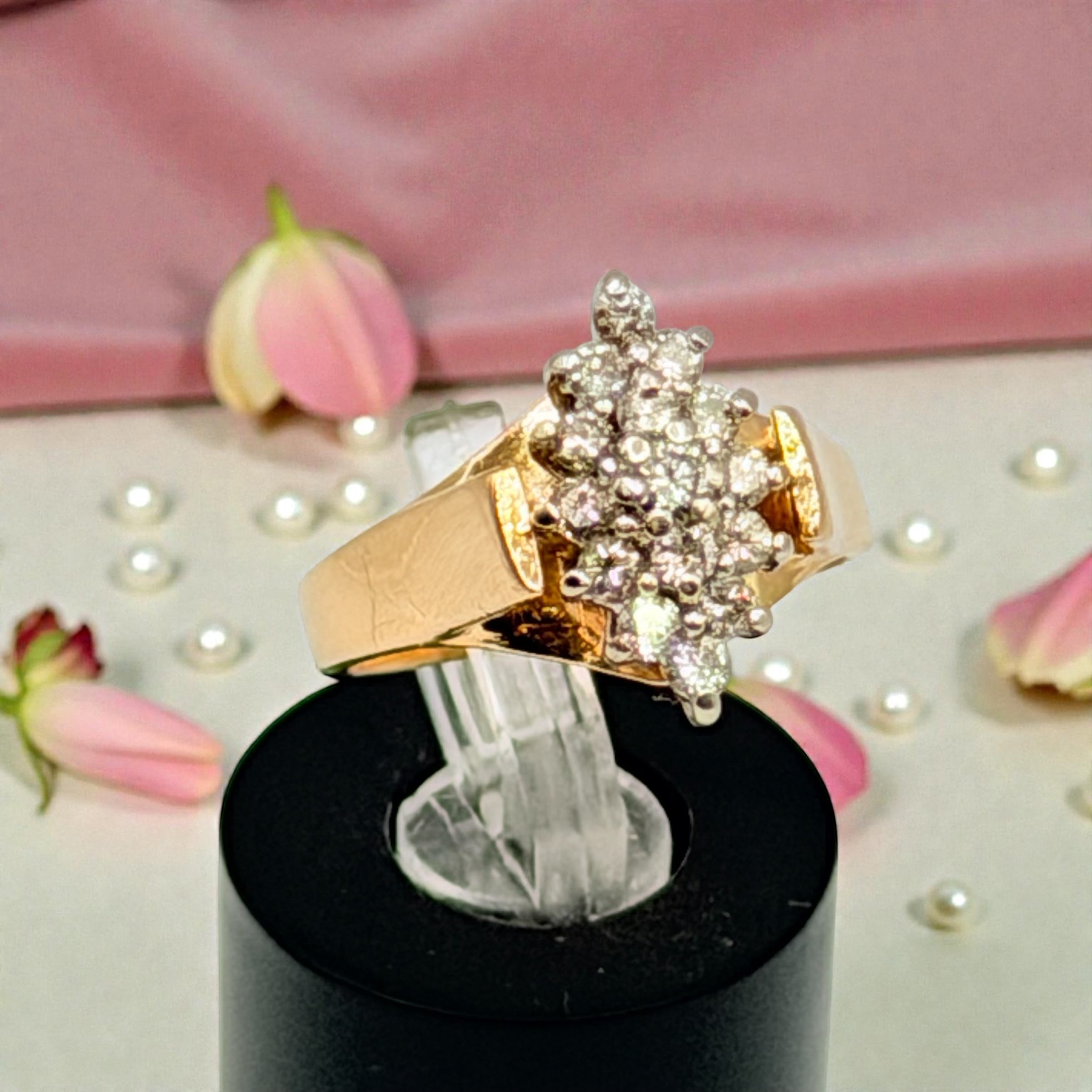 Magic Glo Solid 14KP Yellow Gold Ring with Diamond Cluster – Size 5.25