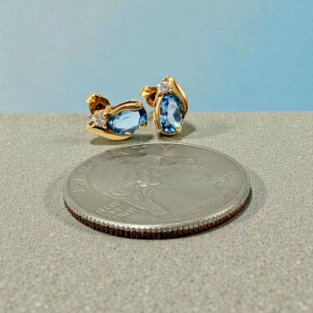 Solid 10K Yellow Gold Stud Earrings with Pear Cut Blue Topaz