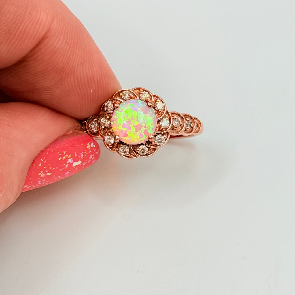 Solid 10K Rose Gold Ring with Round Cut Pink Opal and Diamond Accents Size 7