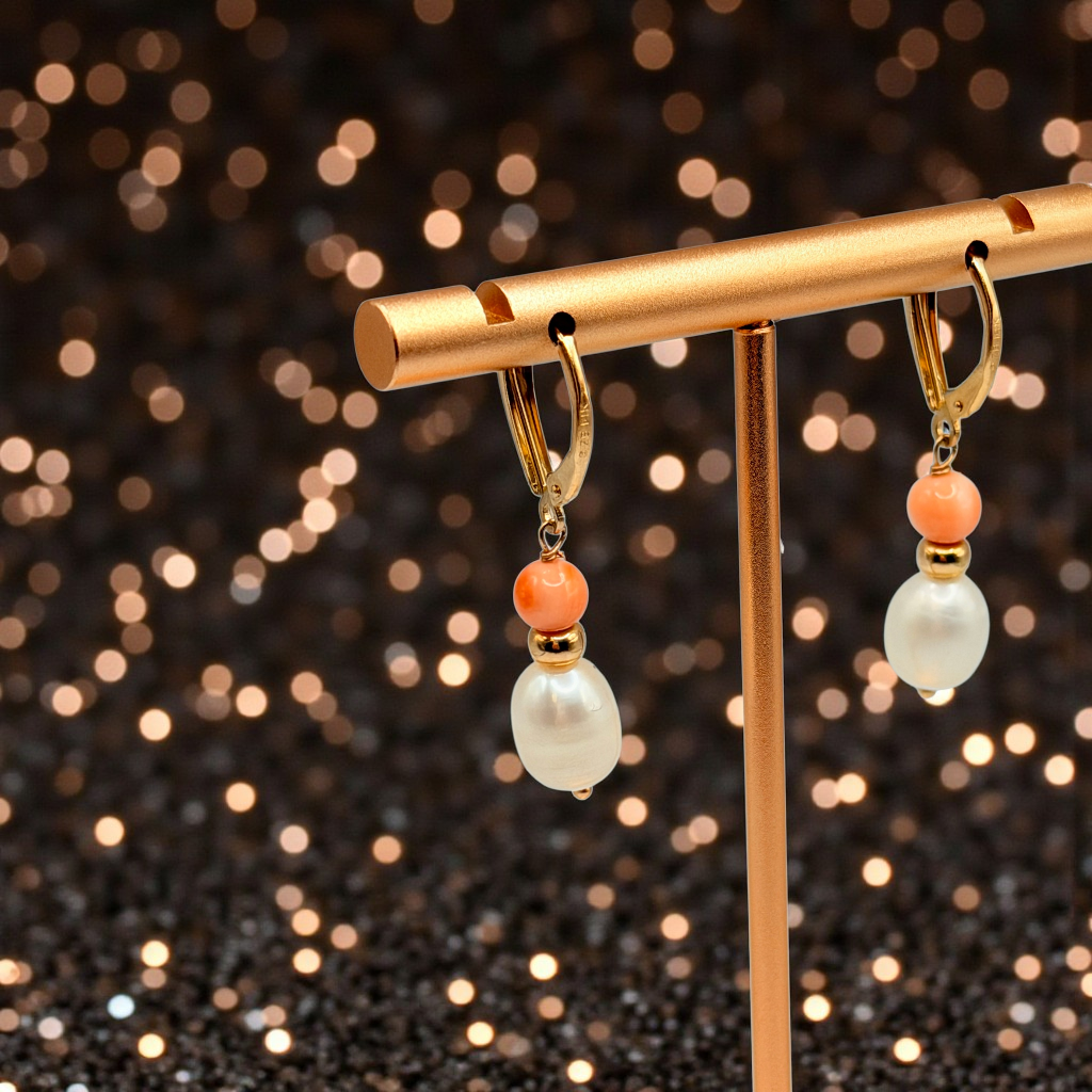 Solid 14K Yellow Gold Dangle Earrings with Coral Beads and Pearls
