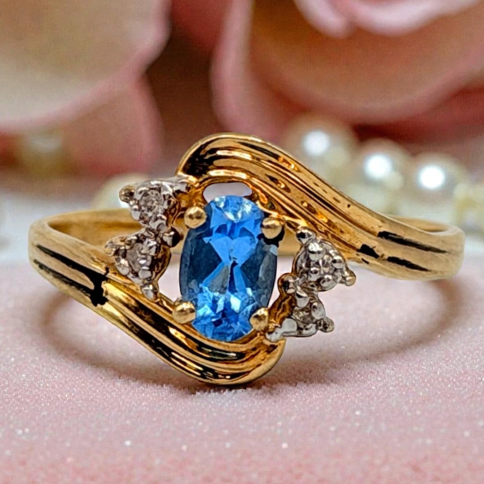 Solid 10K Yellow Gold Ring with Oval Cut Blue Topaz and Diamond Accents Size 7