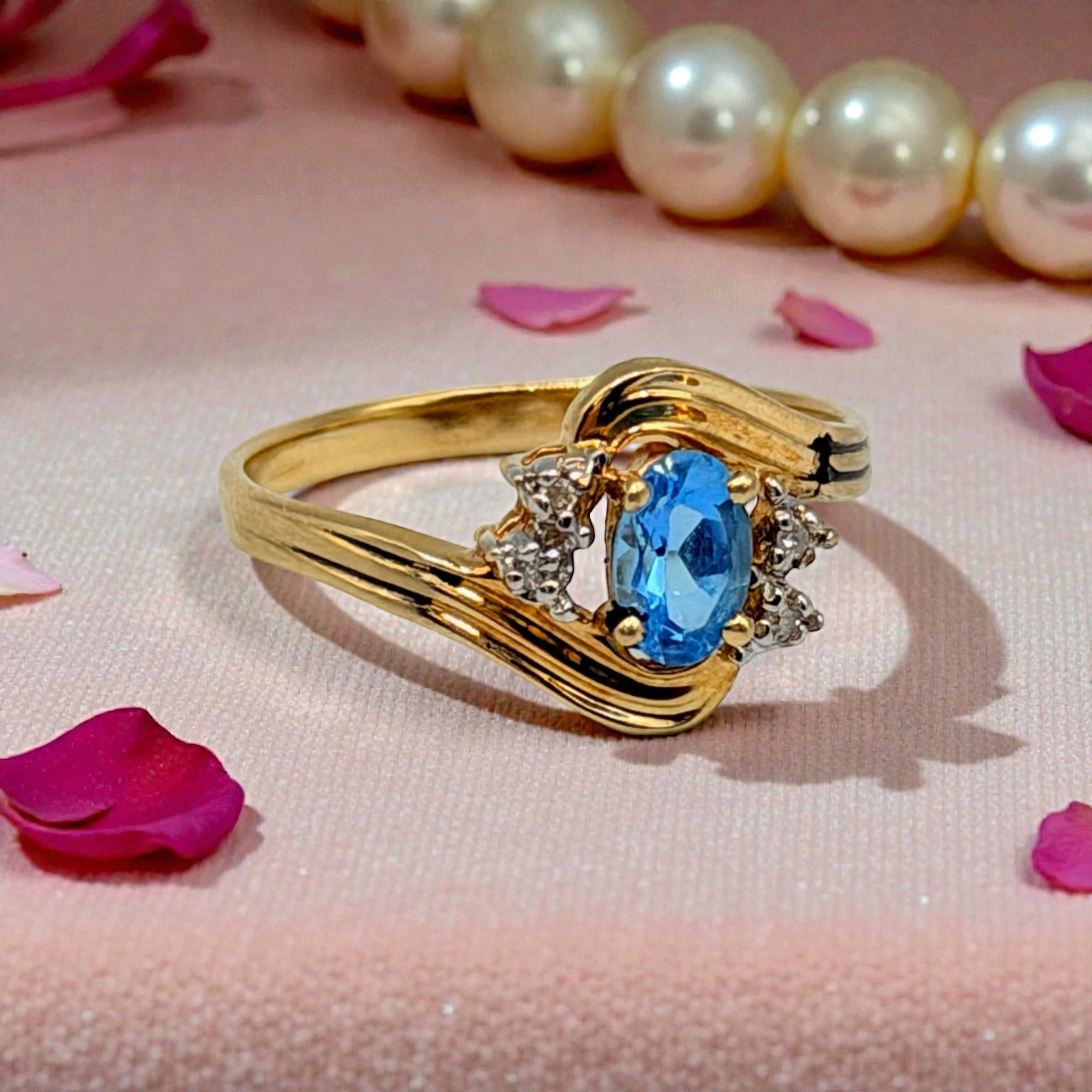 Solid 10K Yellow Gold Ring with Oval Cut Blue Topaz and Diamond Accents Size 7