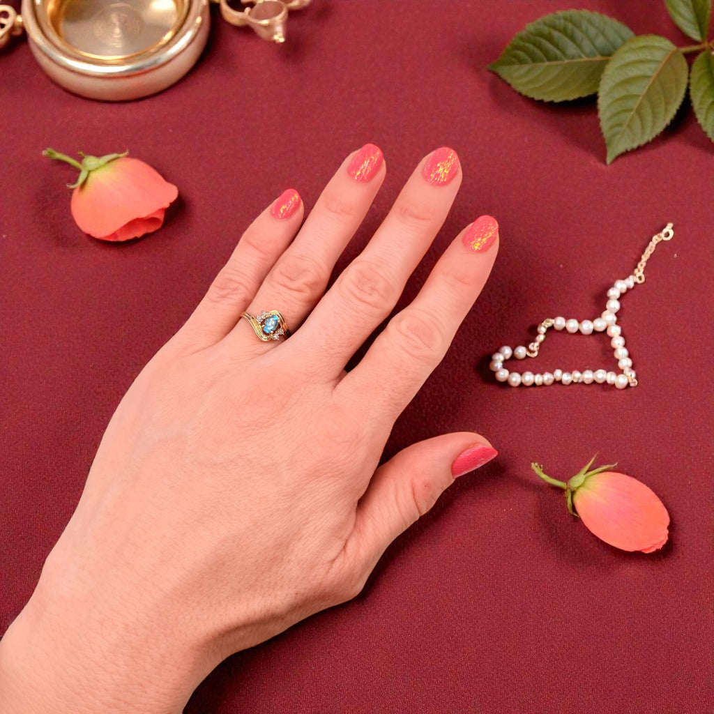 Solid 10K Yellow Gold Ring with Oval Cut Blue Topaz and Diamond Accents Size 7