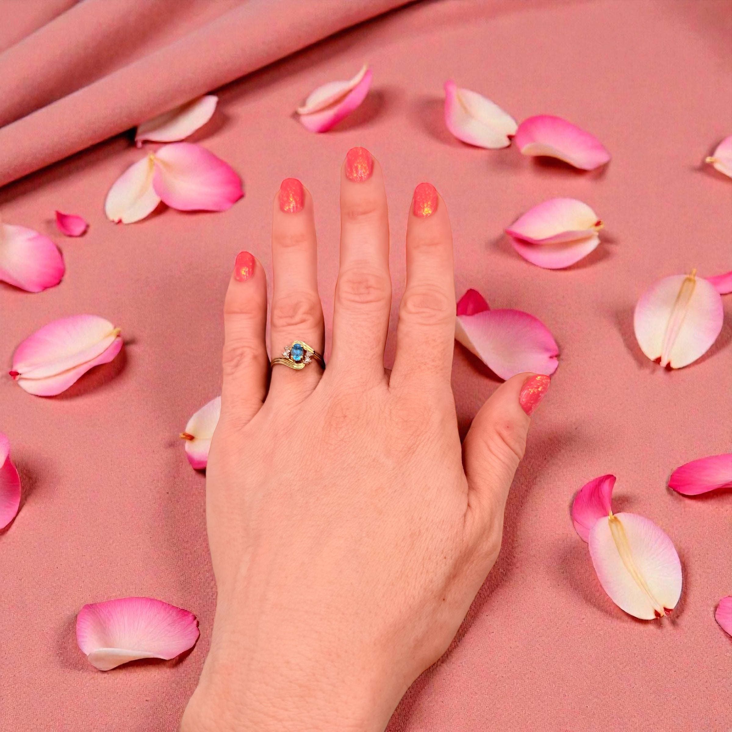 Solid 10K Yellow Gold Ring with Oval Cut Blue Topaz and Diamond Accents Size 7